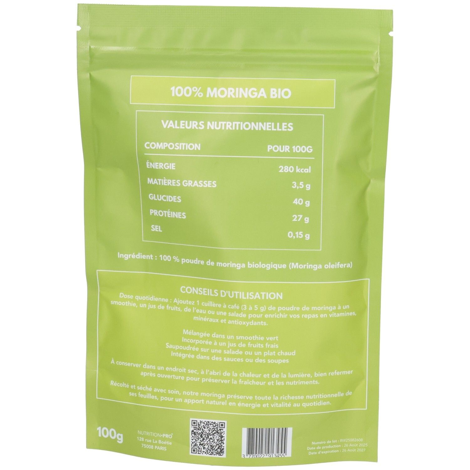 Arrière d'un sachet vert avec 100% Moringa Bio, informations nutritionnelles et conseils d'utilisation, 100g.