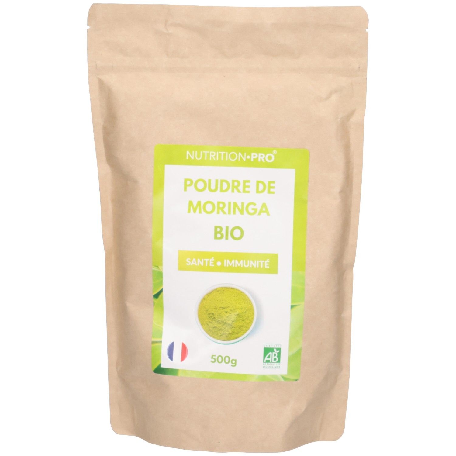 Poudre de Moringa Bio en sachet papier brun, 500g.