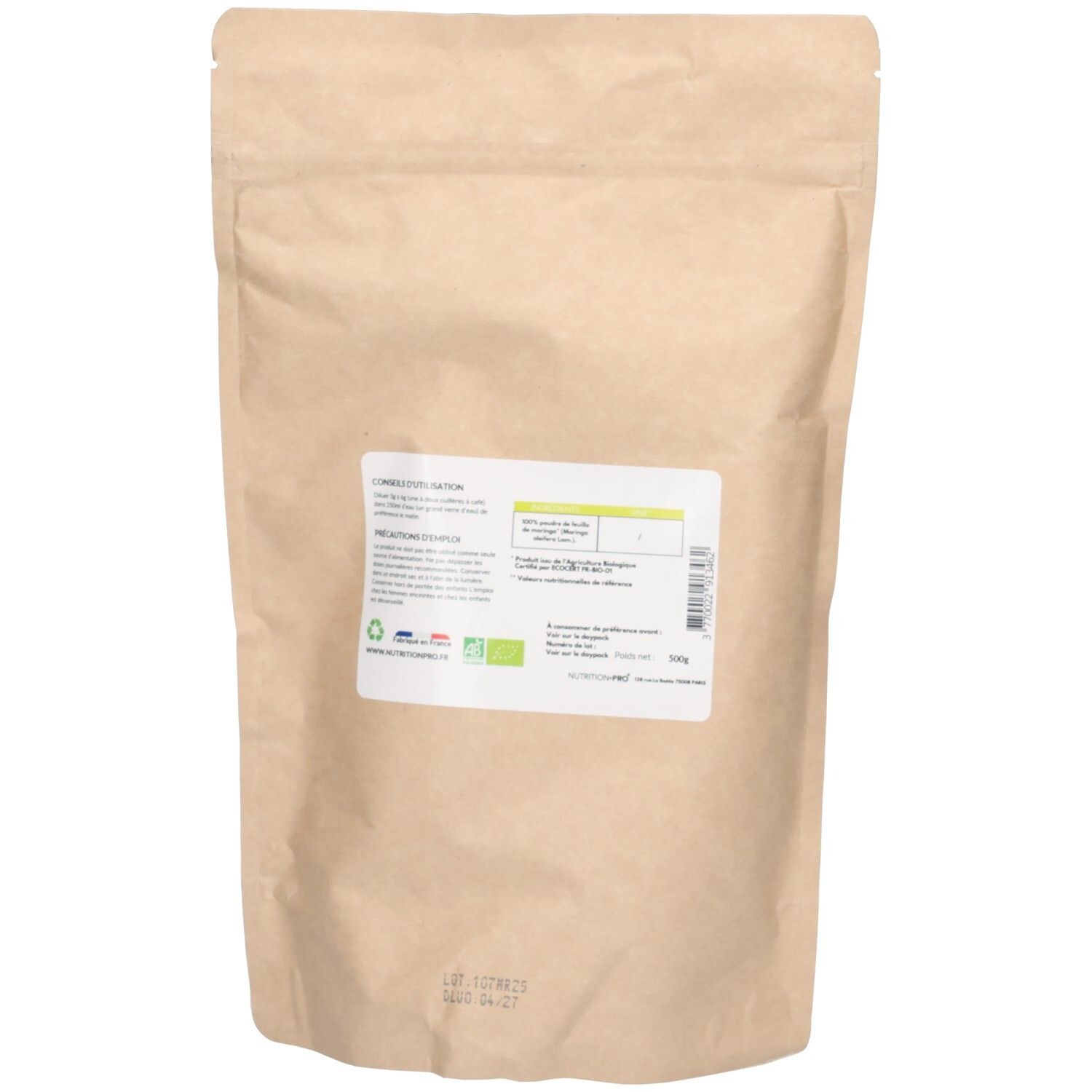 Arrière d'un sachet papier brun de Poudre de Moringa Bio, 500g, avec étiquette.
