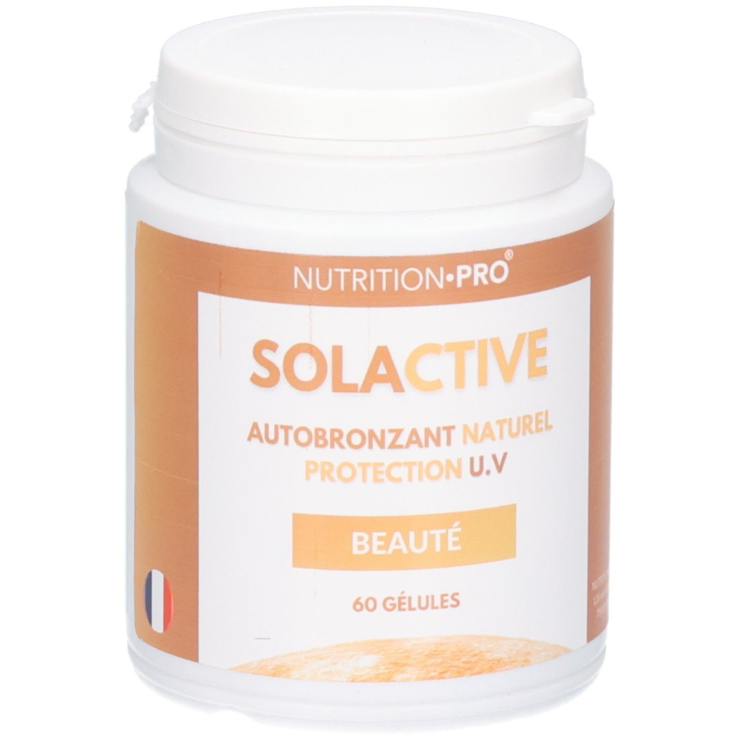 Pot blanc SOLACTIVE, AUTOBRONZANT NATUREL, PROTECTION U.V, BEAUTÉ, 60 GÉLULES. Marque NUTRITION-PRO. Drapeau français.