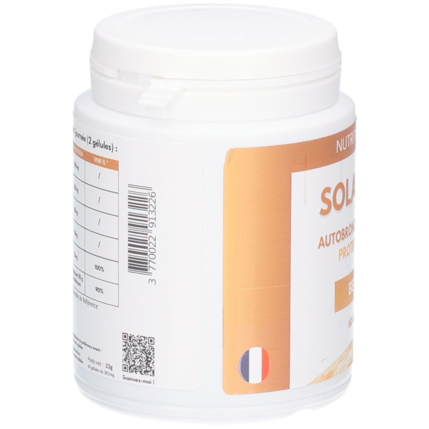 Pot blanc SOLACTIVE. Inscription: 60 GÉLULES. Code-barres et QR code. Drapeau français. Marque NUTRITION-PRO.