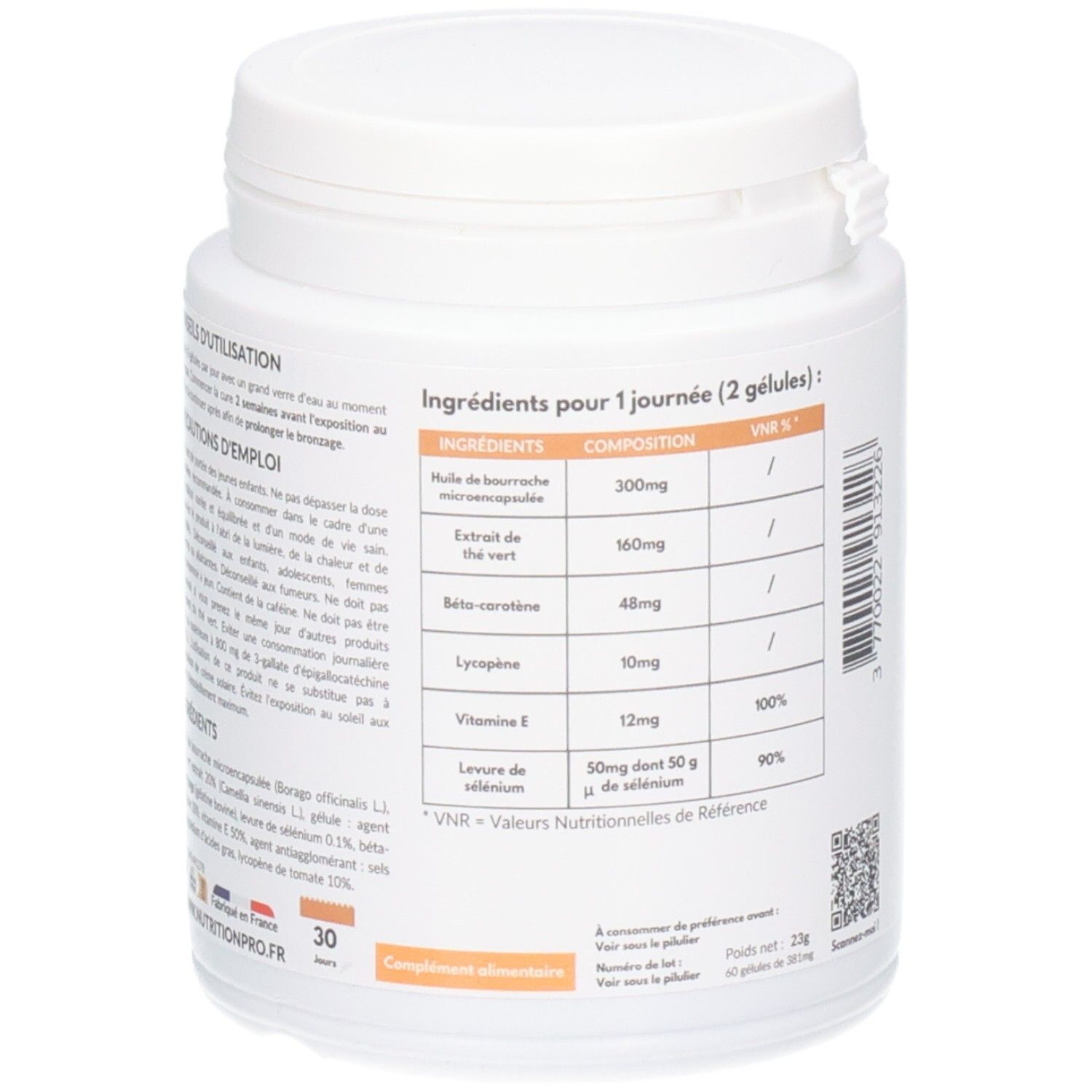 Pot blanc avec liste des ingrédients pour 2 gélules. Contient: Huile de bourrache, Extrait de thé vert, Vitamine E, etc. Marque NUTRITION-PRO.