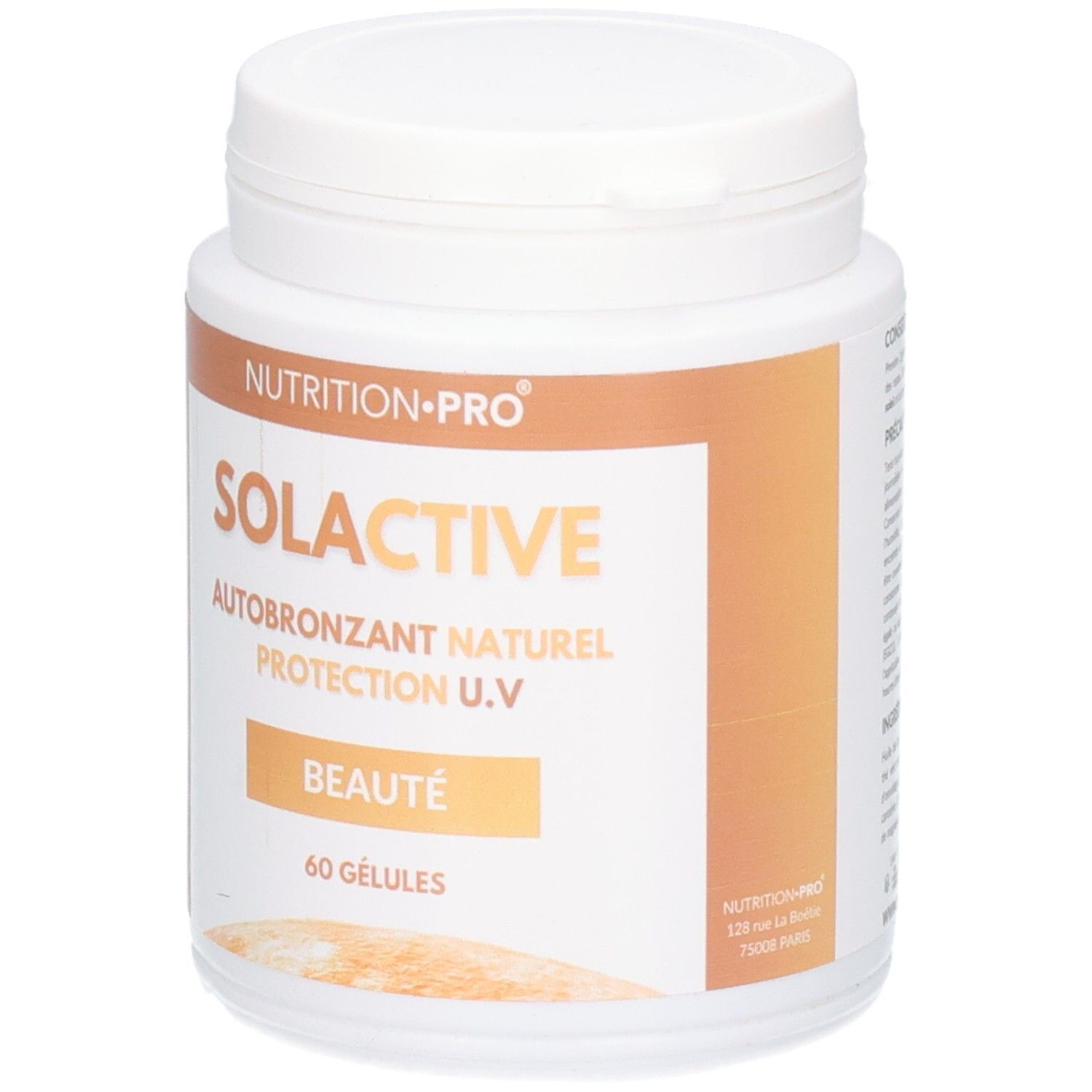 Pot blanc SOLACTIVE, AUTOBRONZANT NATUREL, PROTECTION U.V, BEAUTÉ, 60 GÉLULES. Marque NUTRITION-PRO.