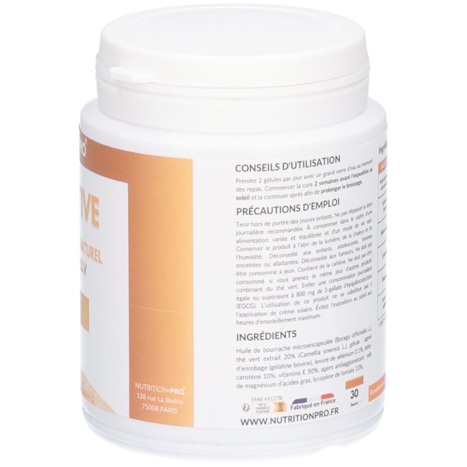 Pot blanc avec conseils d'utilisation et ingrédients. Contient: Huile de bourrache, Extrait de thé vert, etc. Marque NUTRITION-PRO.