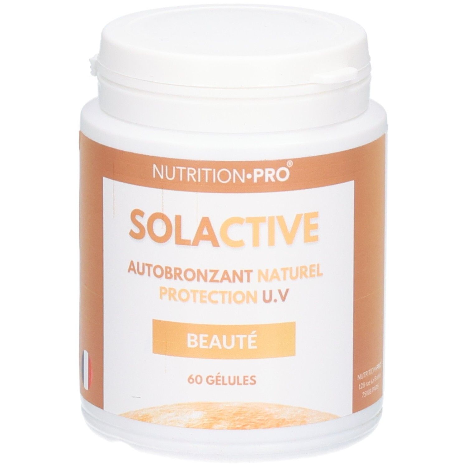 Pot blanc SOLACTIVE, AUTOBRONZANT NATUREL, PROTECTION U.V, BEAUTÉ, 60 GÉLULES. Marque NUTRITION-PRO.