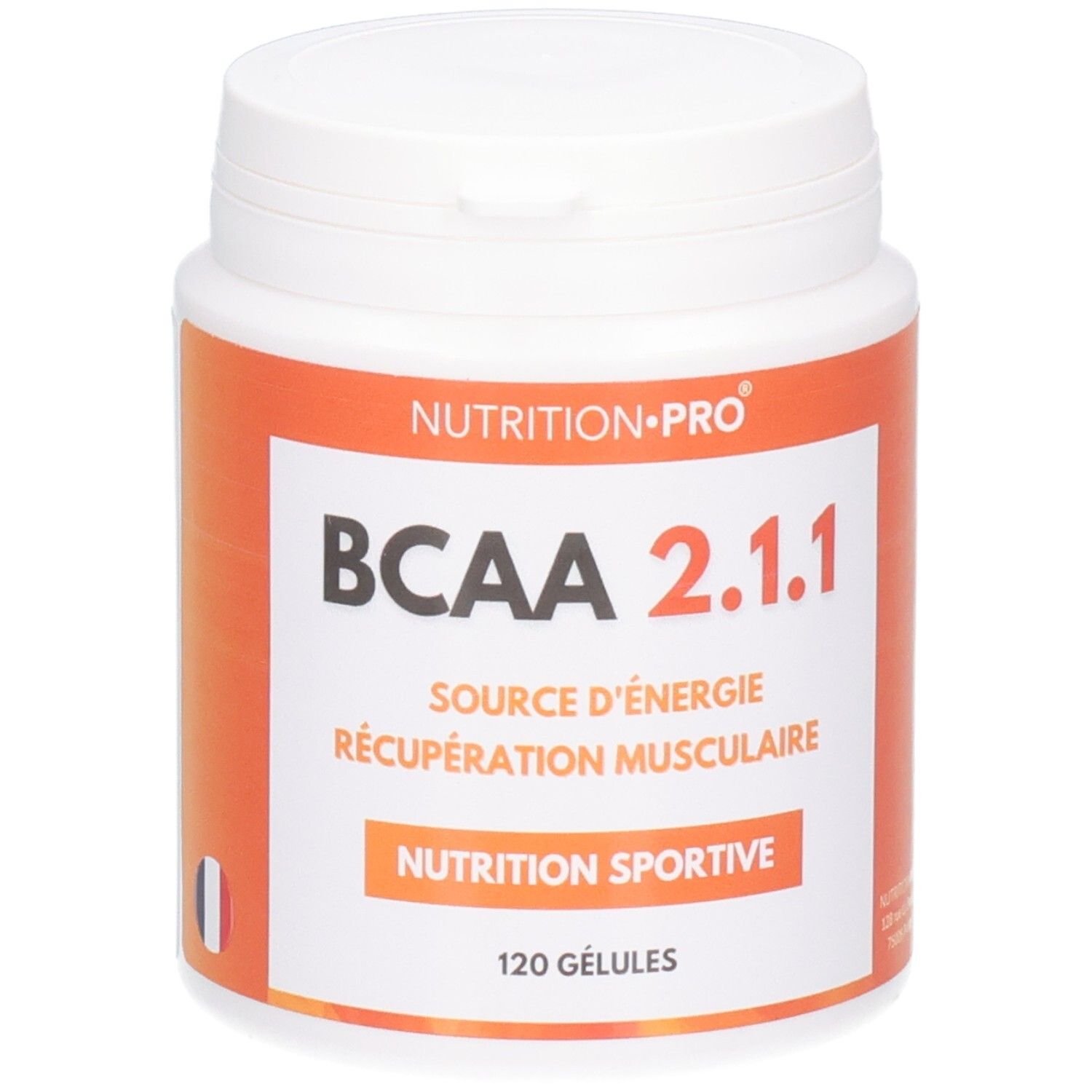 Pot blanc, étiquette orange. Inscription: BCAA 2.1.1, Nutrition Pro, 120 gélules. Drapeau français visible.