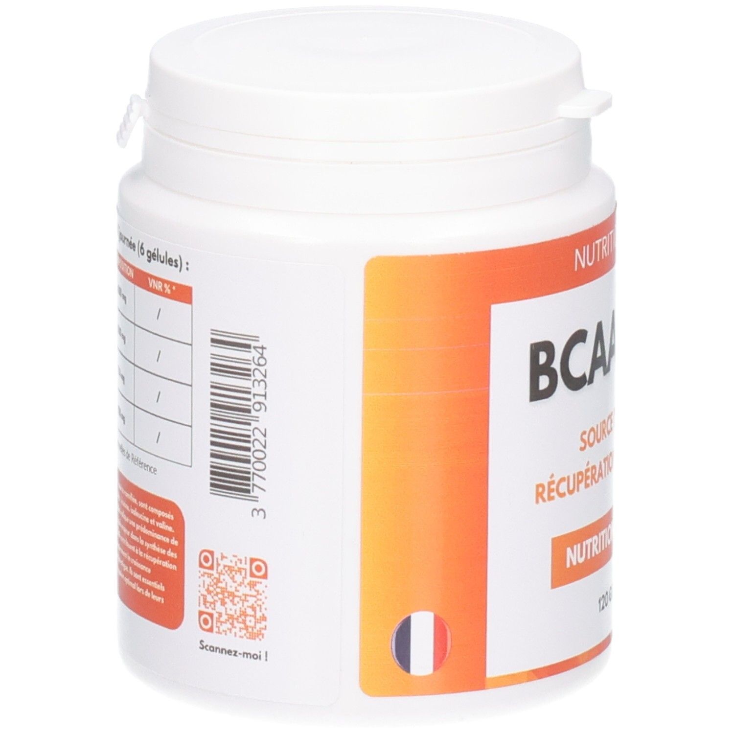 Pot blanc, étiquette orange. Code-barres, QR code et drapeau français. Texte: BCAA 2.1.1, Nutrition Pro.