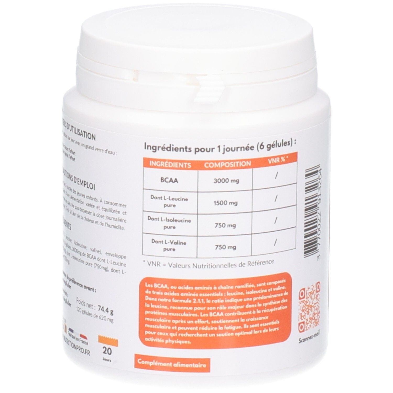 Pot blanc, dos avec liste d'ingrédients. Texte: BCAA, L-Leucine, L-Isoleucine, L-Valine. QR code. Drapeau français.