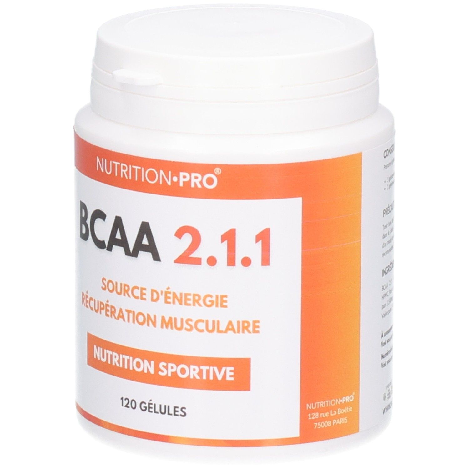 Pot blanc, étiquette orange. Inscription: BCAA 2.1.1, Nutrition Pro, 120 gélules. Drapeau français.