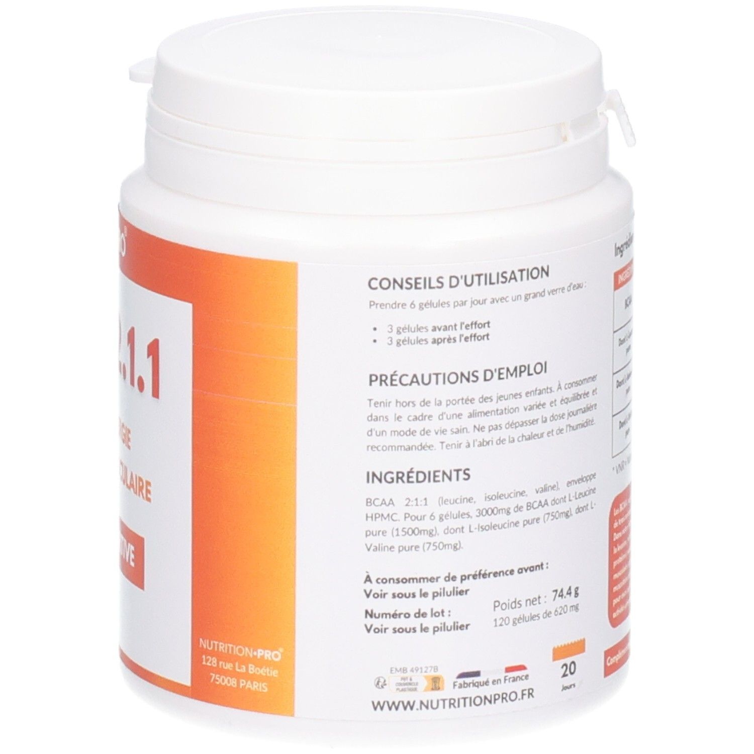 Pot blanc, étiquette avec conseils d'utilisation et ingrédients. Texte: BCAA 2.1.1, Nutrition Pro. Drapeau français.