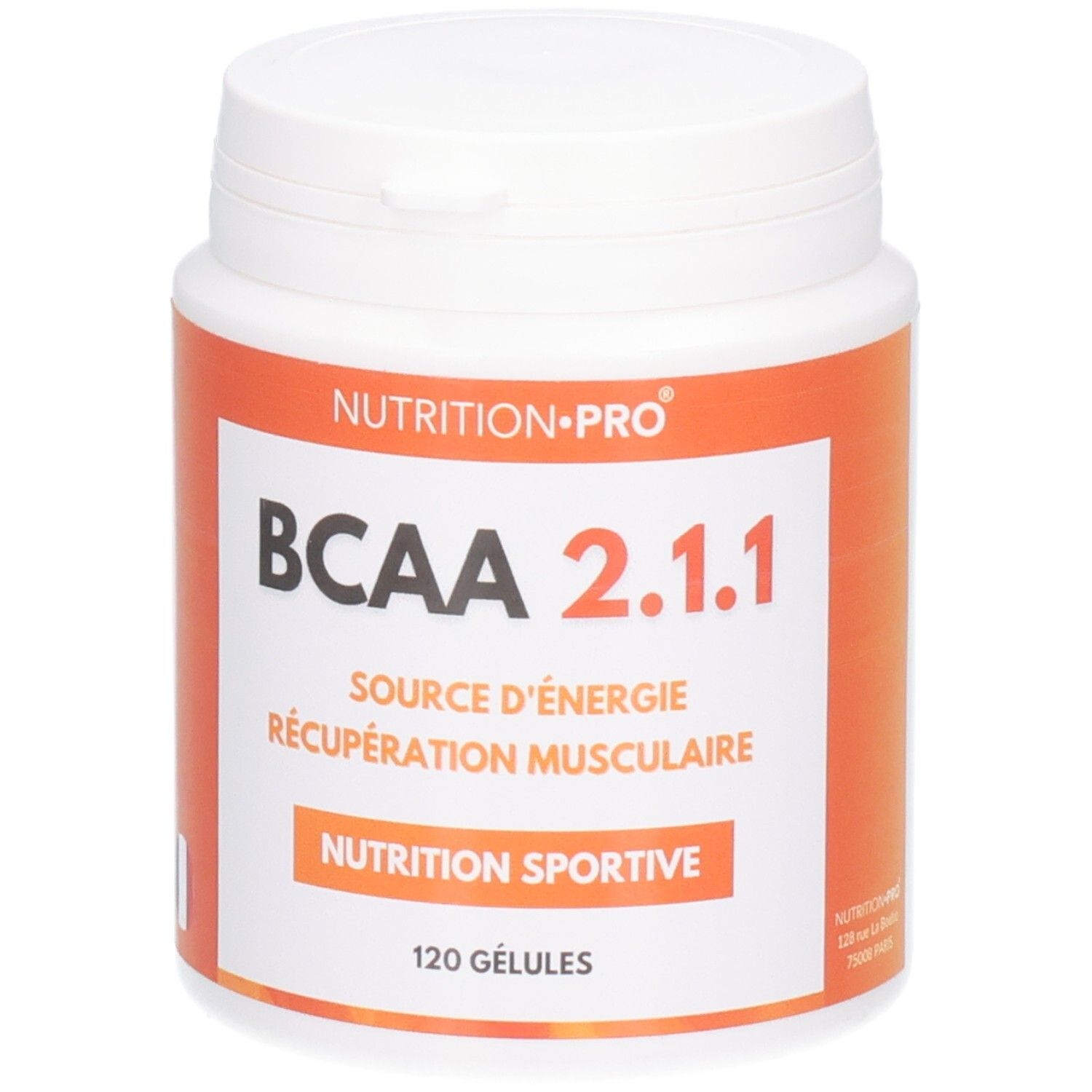 Pot blanc, étiquette orange. Inscription: BCAA 2.1.1, Nutrition Pro, 120 gélules. Drapeau français.