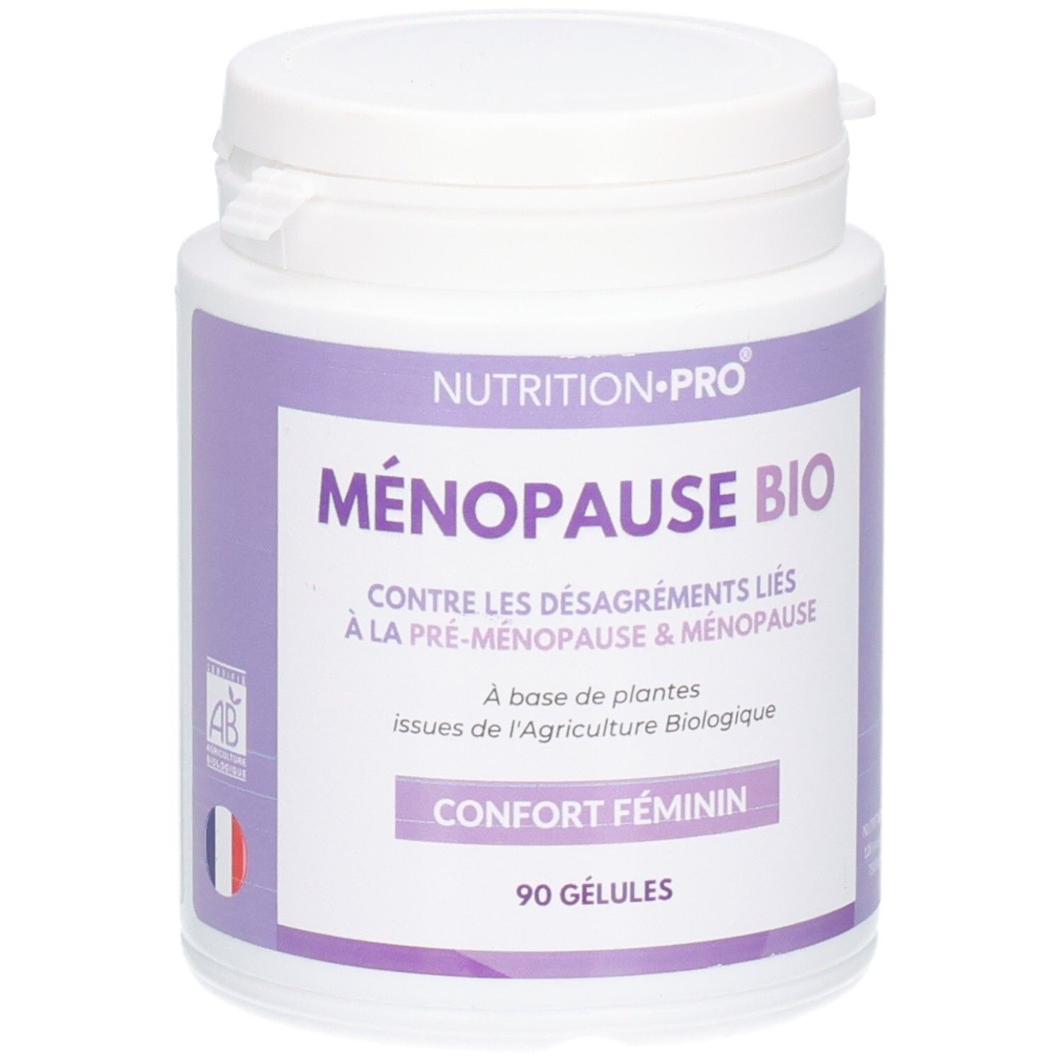 Flacon blanc de complément alimentaire avec étiquette violette. Texte: MÉNOPAUSE BIO, CONFORT FÉMININ, 90 GÉLULES. Label AB, drapeau français.
