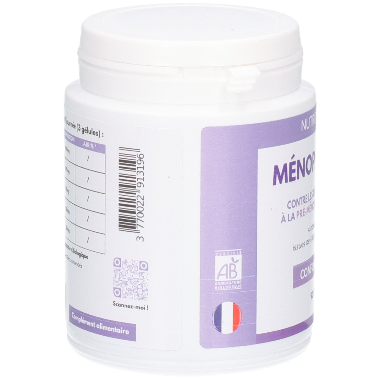 Dos du flacon de complément alimentaire blanc. Texte: MÉNOPAUSE BIO, code QR, label AB, drapeau français, 37700022913196.