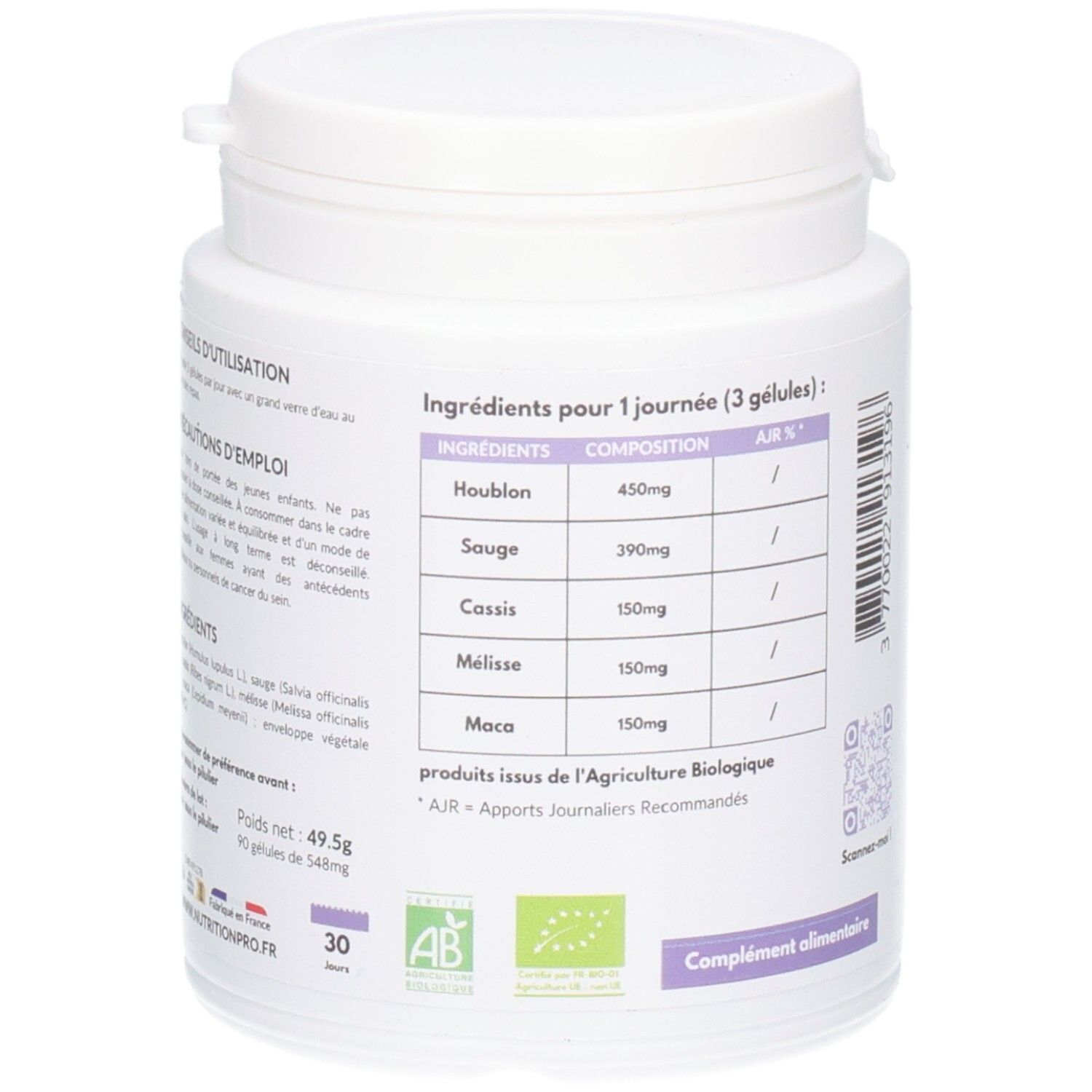 Dos du flacon de complément alimentaire blanc. Texte: Ingrédients, houblon, sauge, cassis, mélisse, maca. Label AB, label bio.