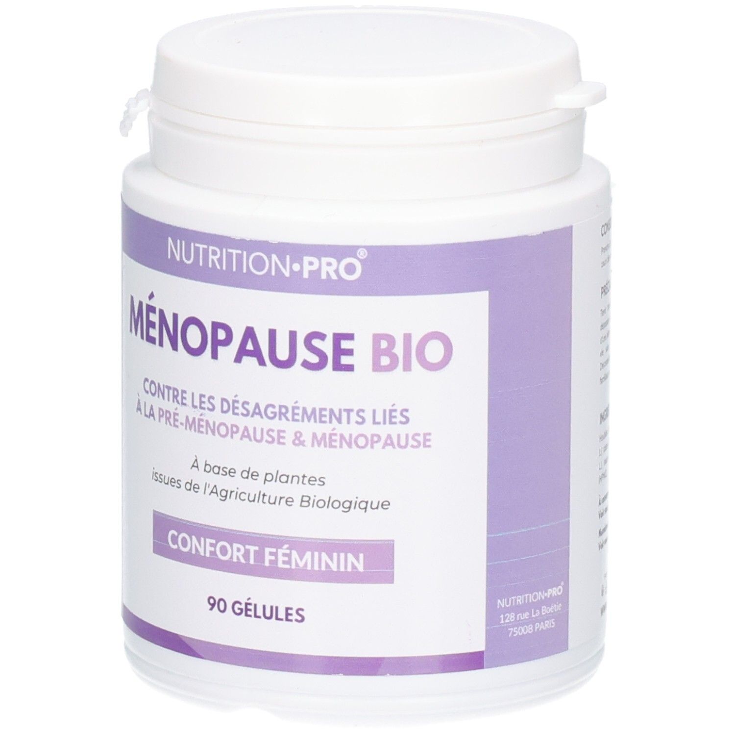 Flacon blanc de complément alimentaire avec étiquette violette. Texte: MÉNOPAUSE BIO, CONFORT FÉMININ, 90 GÉLULES. Nutrition-Pro.