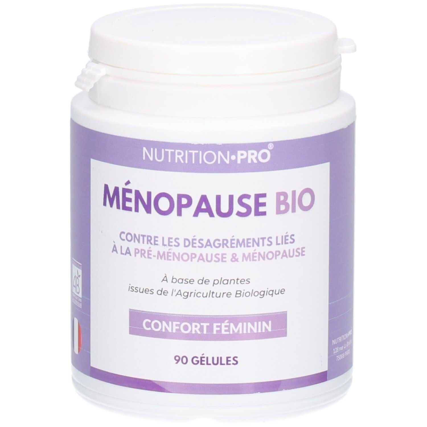 Flacon blanc de complément alimentaire avec étiquette violette. Texte: MÉNOPAUSE BIO, CONFORT FÉMININ, 90 GÉLULES. Nutrition-Pro.
