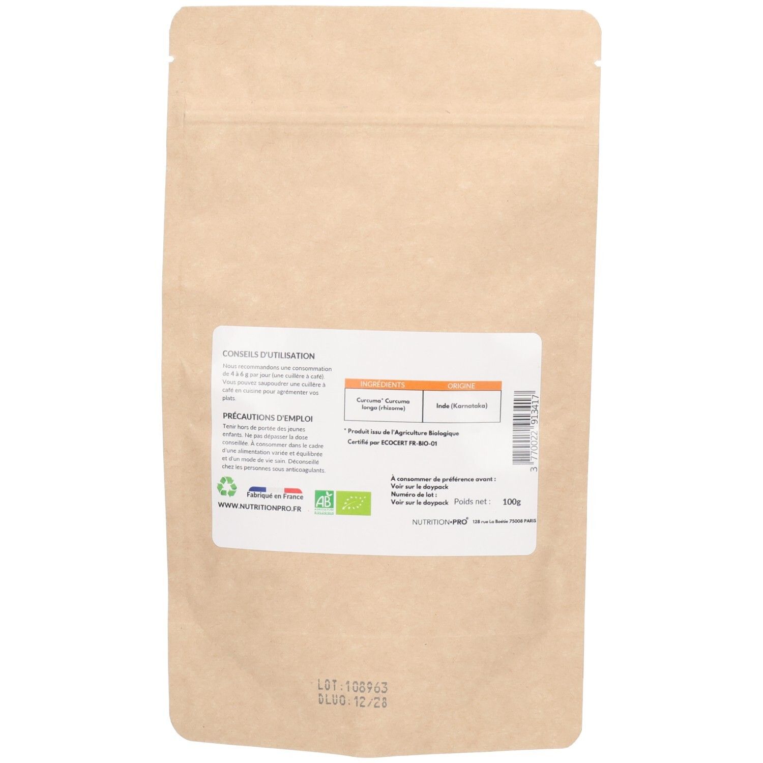 Dos du sachet. Étiquette avec texte et informations sur le curcuma, ingrédients, conseils d'utilisation, label AB, 100g.