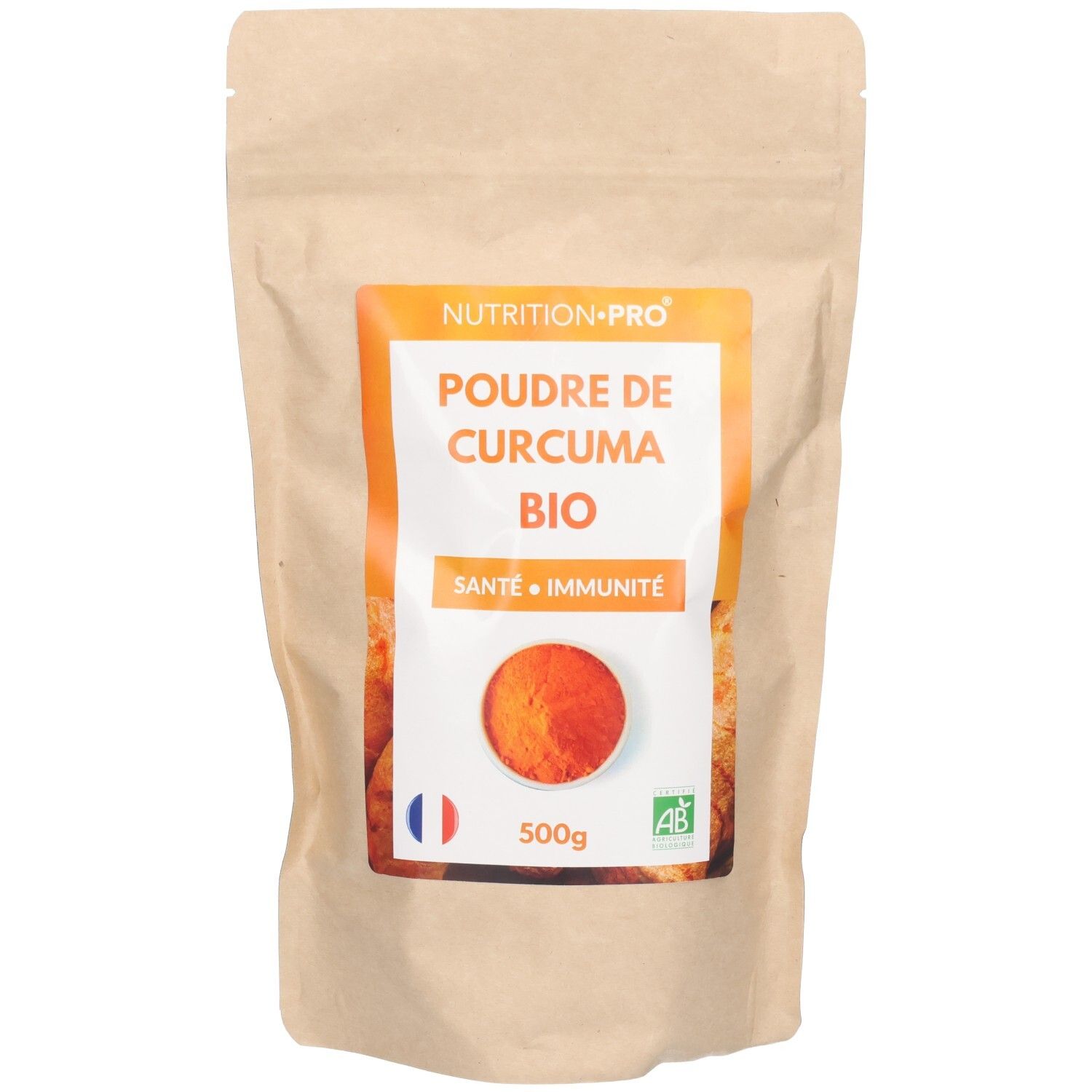 Sachet de Nutrition Pro Curcuma Bio. Poudre orange, label français, label AB, 500g.
