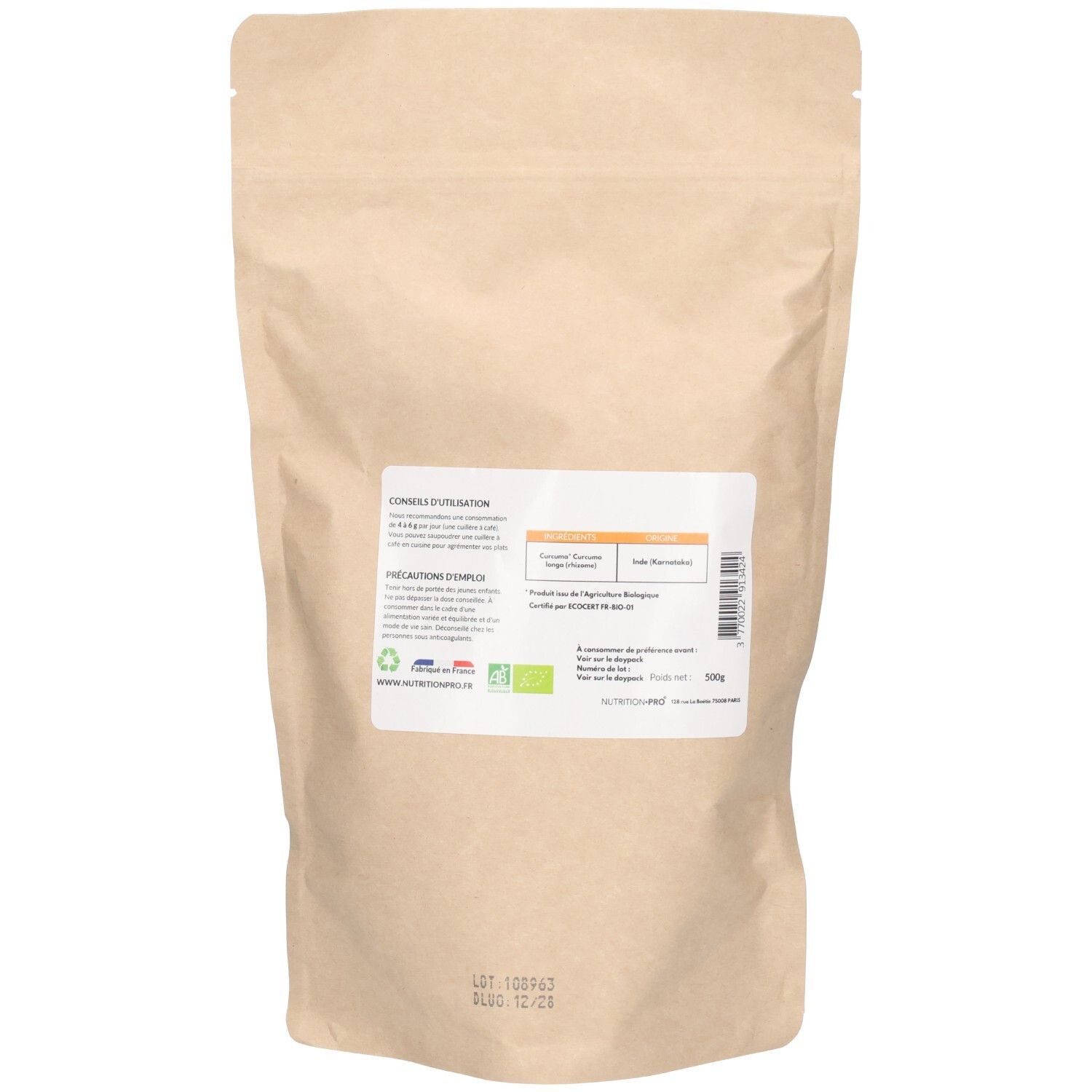 Dos du sachet Nutrition Pro Curcuma Bio. Texte avec instructions d'utilisation, label AB, 500g.