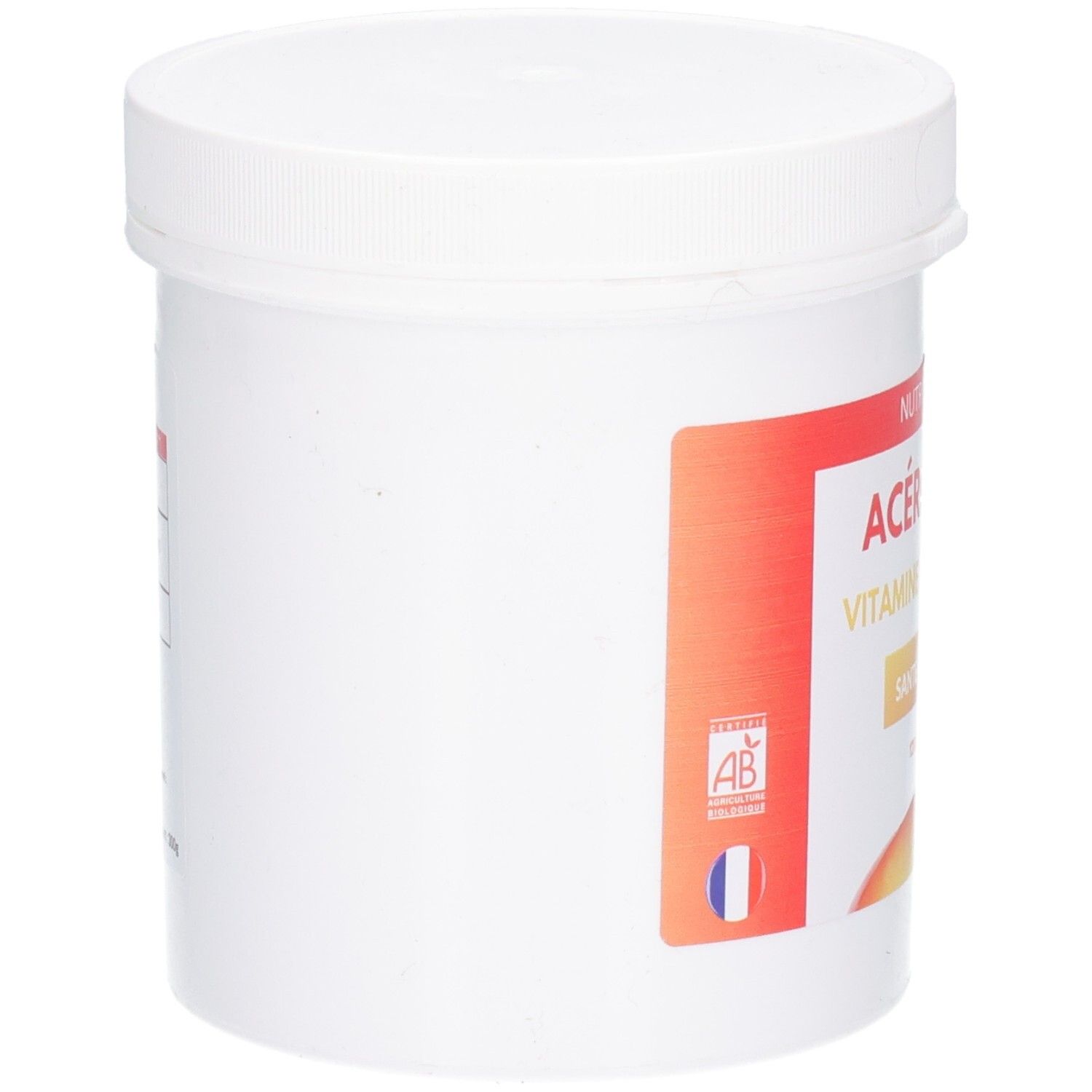 Pot blanc avec couvercle. Étiquette avec texte et logo AB. Drapeau français.