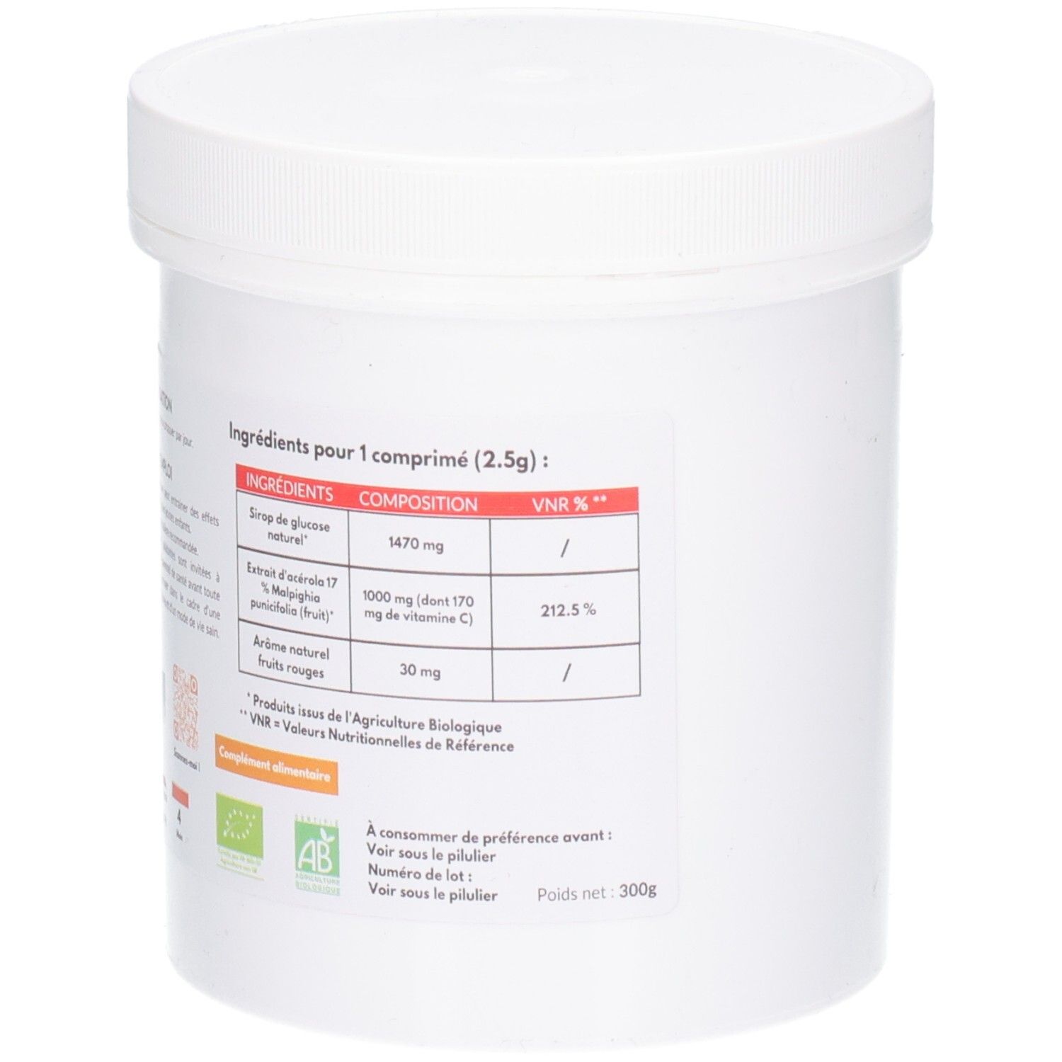 Pot blanc avec couvercle. Dos avec liste d'ingrédients et informations nutritionnelles. Poids : 300g.