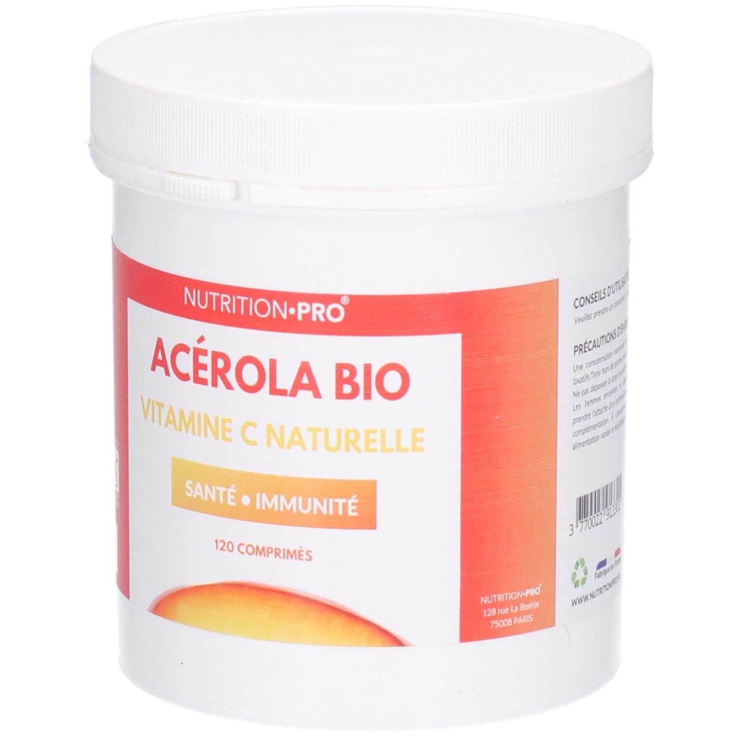 Pot blanc avec couvercle. Étiquette : ACÉROLA BIO, VITAMINE C NATURELLE, SANTE • IMMUNITÉ, 120 COMPRIMÉS. Logo AB.