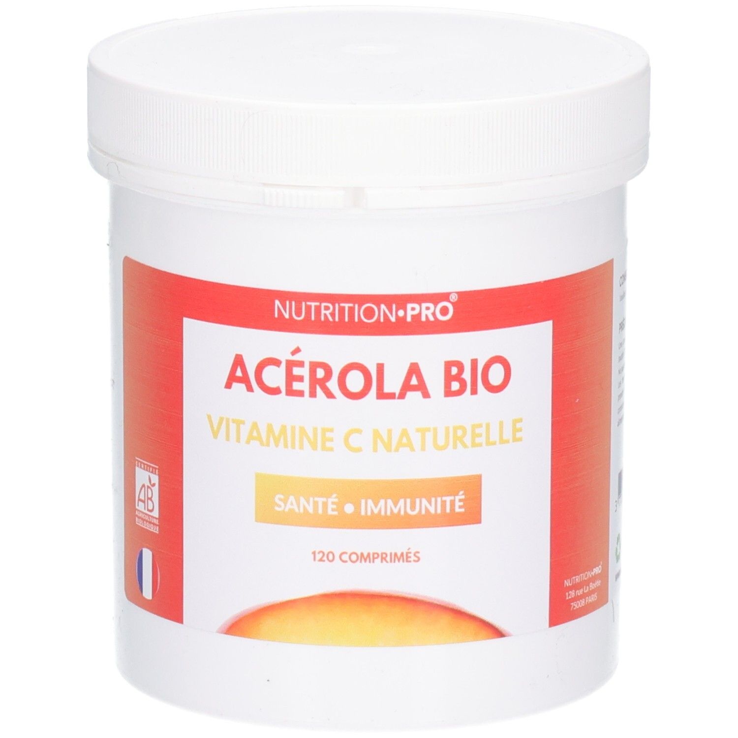 Pot blanc avec couvercle. Étiquette : ACÉROLA BIO, VITAMINE C NATURELLE, SANTE • IMMUNITÉ, 120 COMPRIMÉS. Logo AB.