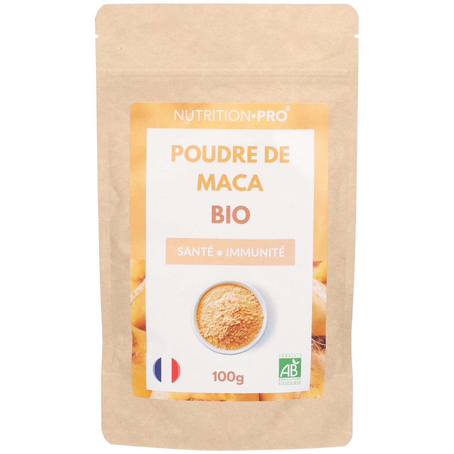 Sachet de poudre de Maca Bio Nutrition Pro. Inscription : Poudre de Maca Bio, Santé et Immunité. Drapeau français, label AB, 100g.