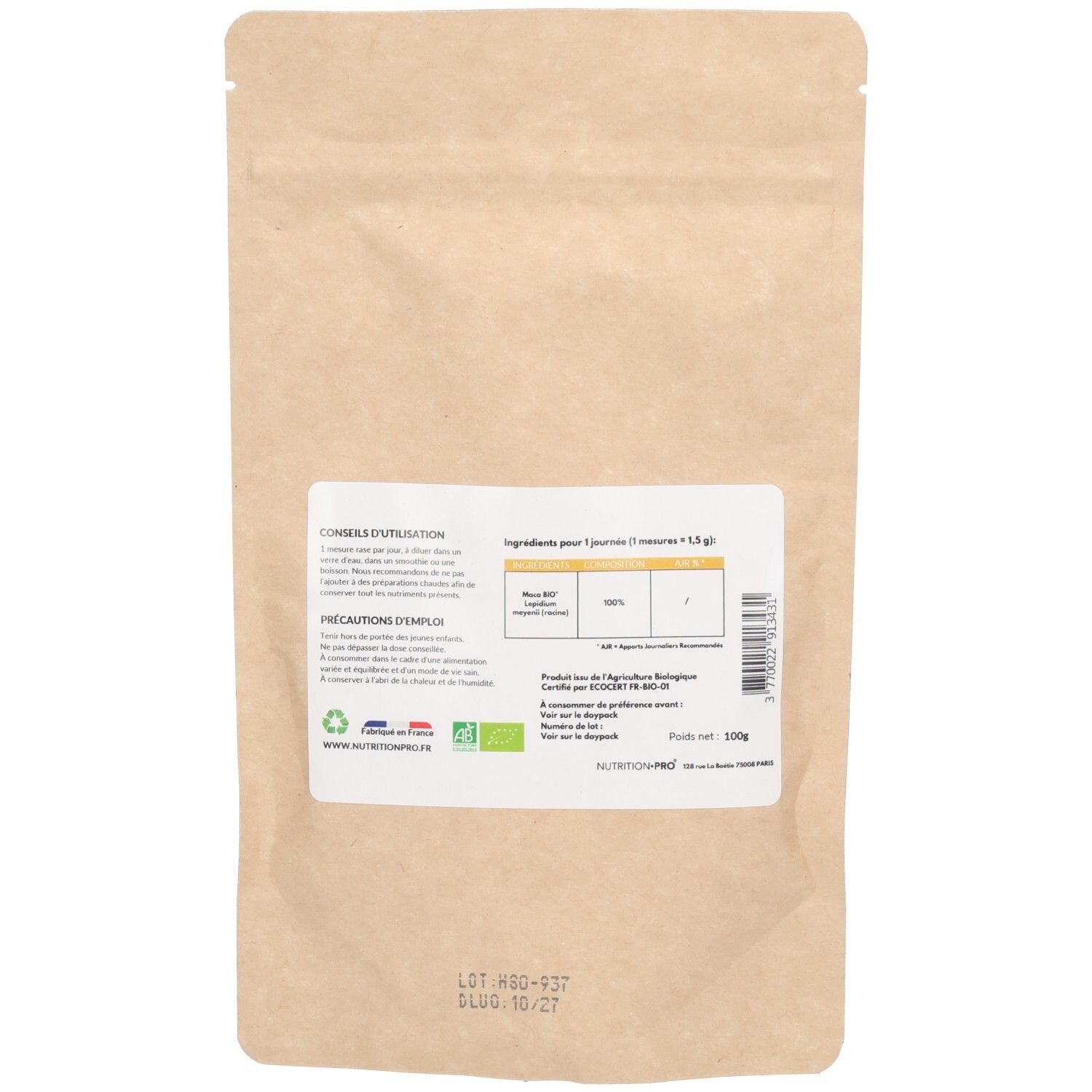 Dos du sachet Nutrition Pro Maca Bio. Texte : Conseils d'utilisation, Precautions d'emploi. Liste des ingrédients, label AB, 100g.