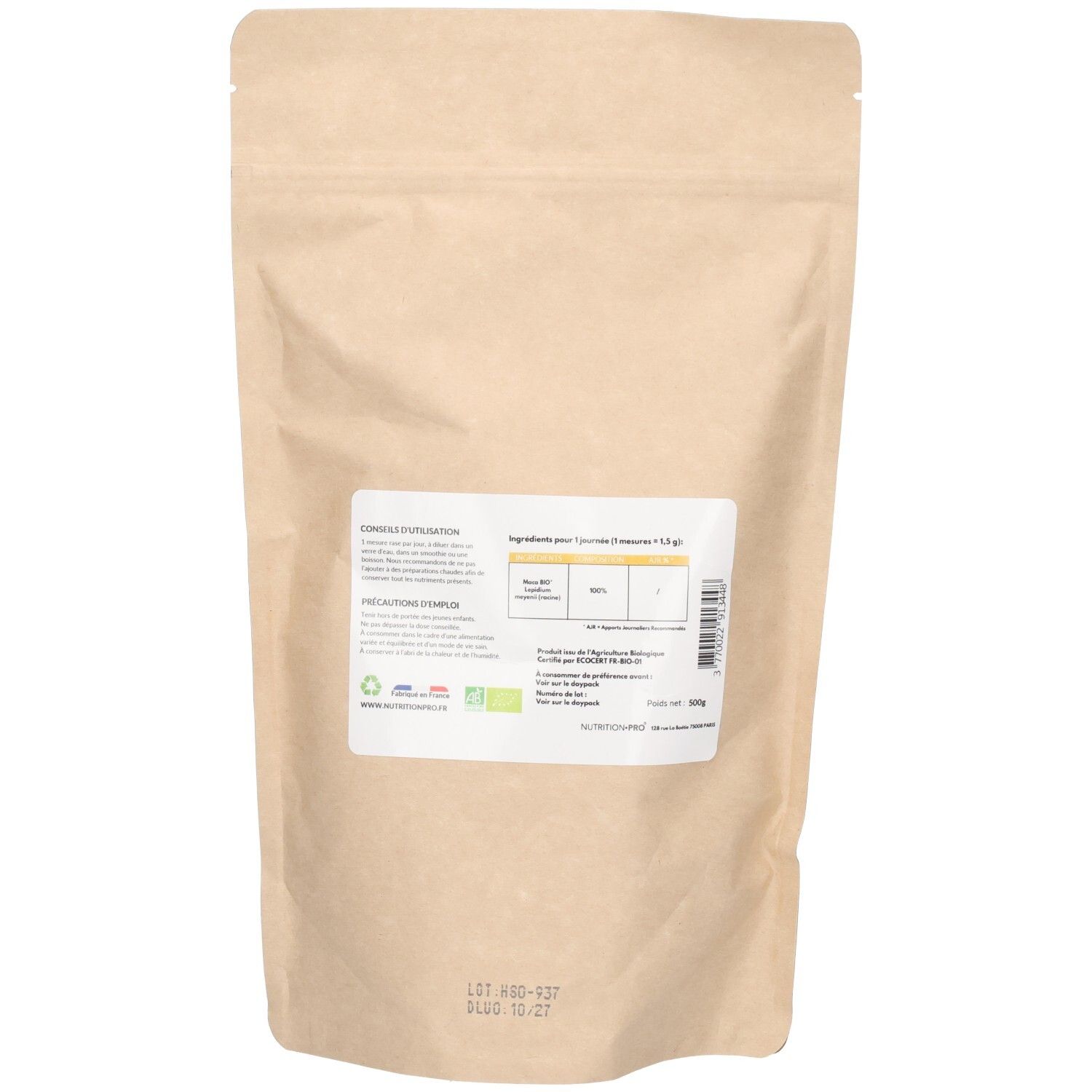 Dos du sachet. Étiquette blanche avec texte et code-barres. Informations sur les ingrédients et précautions.