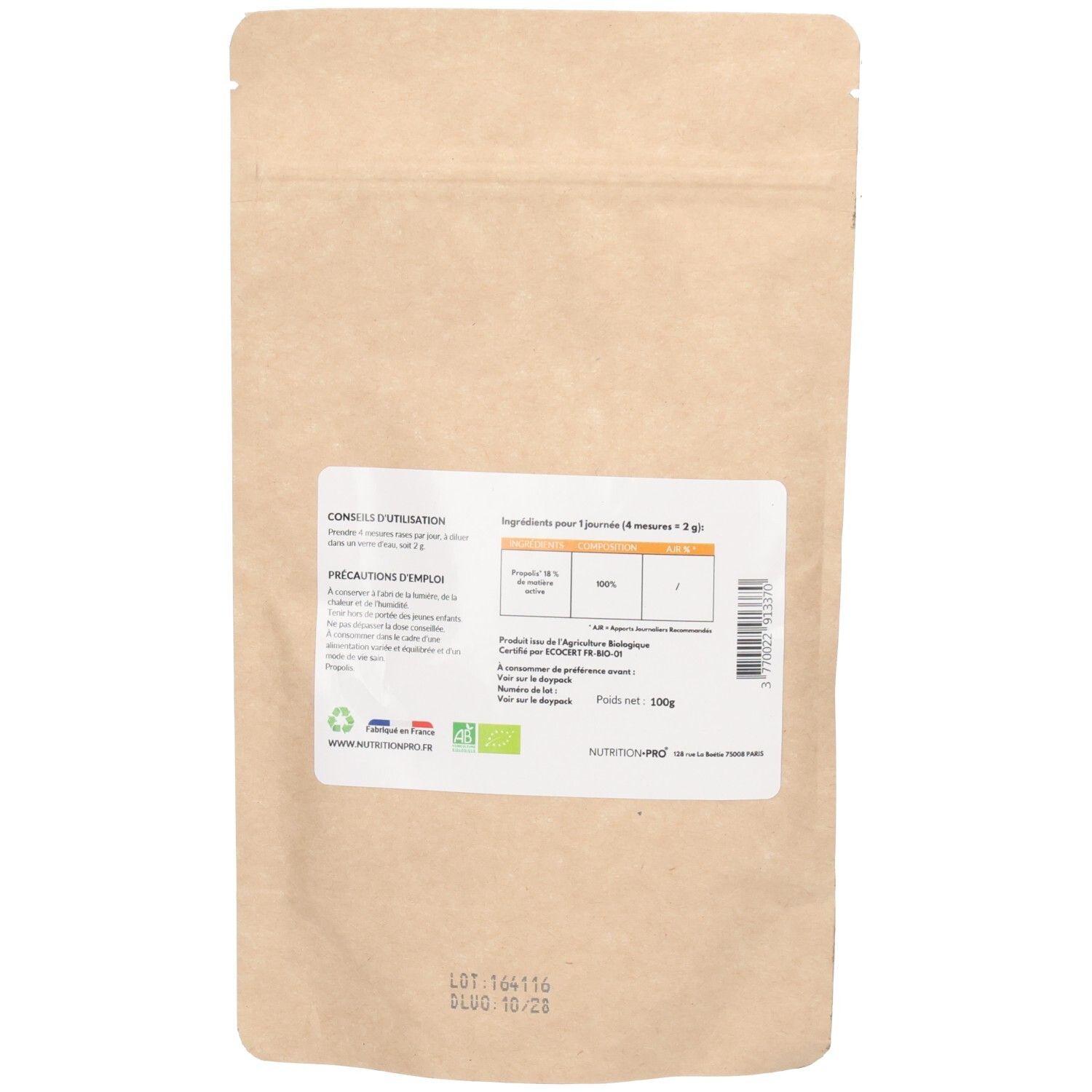 Dos du sachet de Propolis Bio Nutrition Pro. Étiquette blanche avec informations, drapeau français et certification bio.