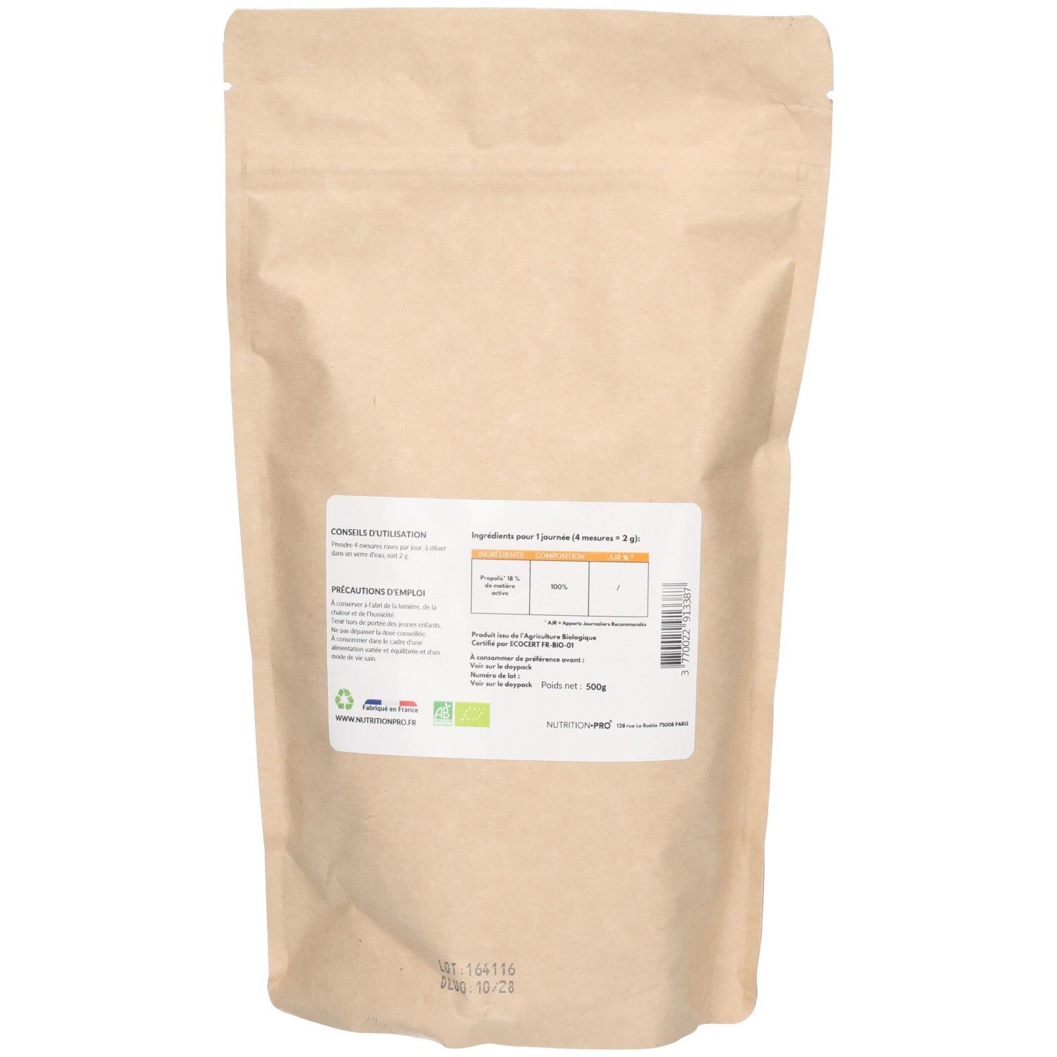 Dos du sachet de Propolis Bio Nutrition Pro. Étiquette avec informations nutritionnelles, label bio et code-barres. Contenu: 500g.