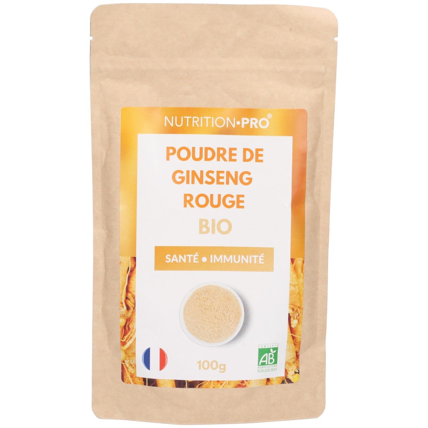 Sachet papier brun contenant de la poudre de ginseng rouge bio, 100g. Labels France et AB bio.