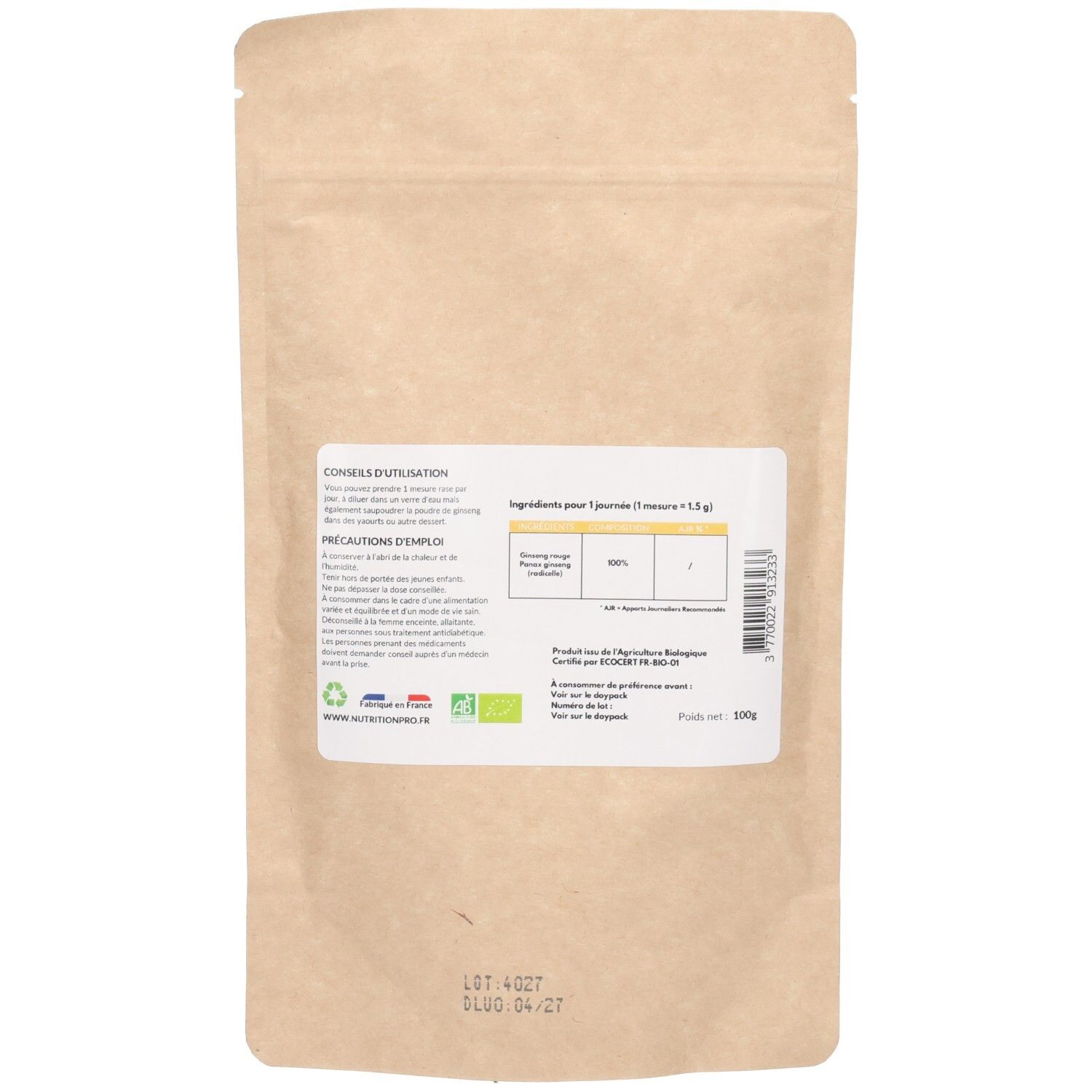 Arrière d'un sachet papier brun avec informations sur le ginseng rouge bio, conseils d'utilisation et labels bio.