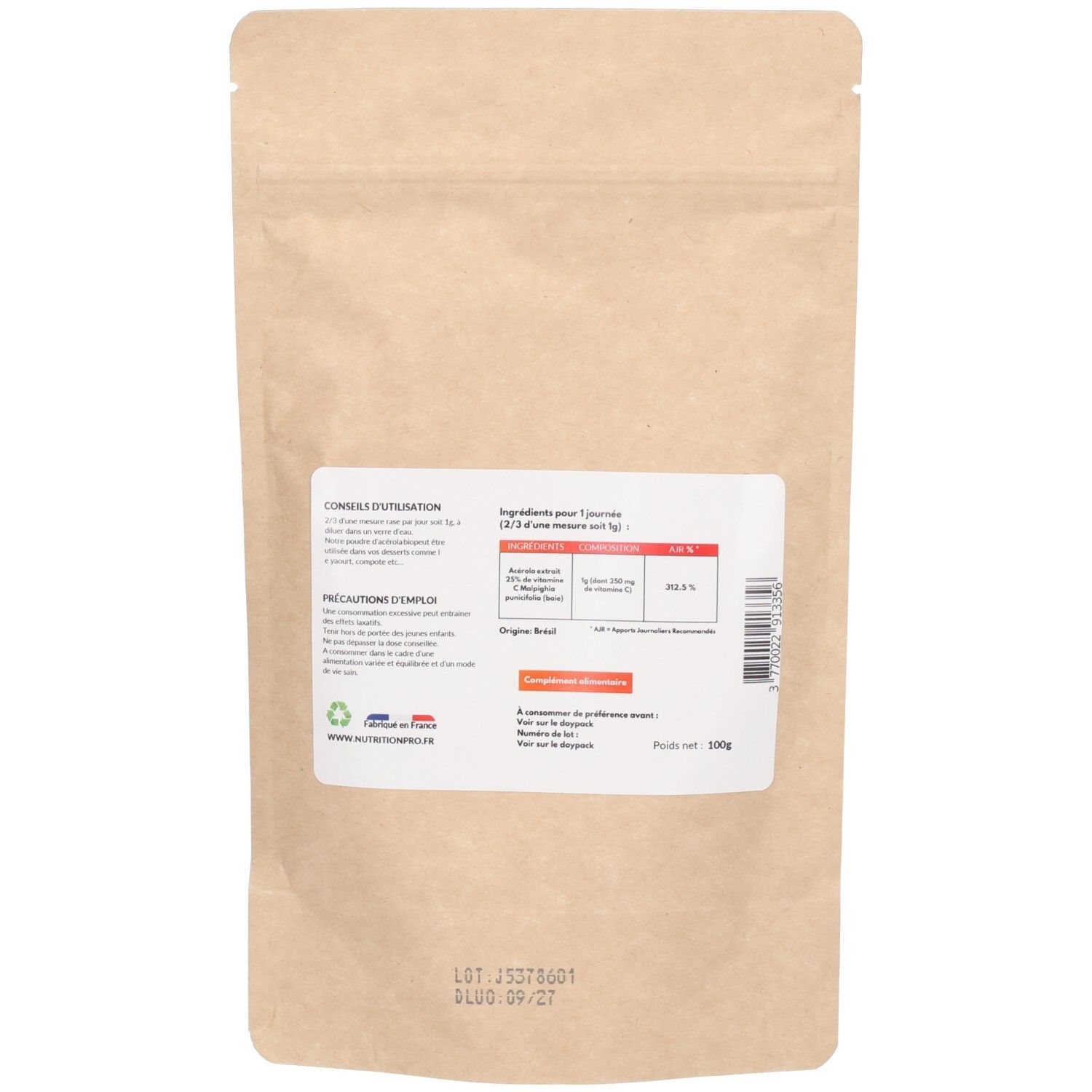 Dos du sachet. Texte: Conseils d'utilisation, ingrédients, précautions d'emploi. Informations en français.