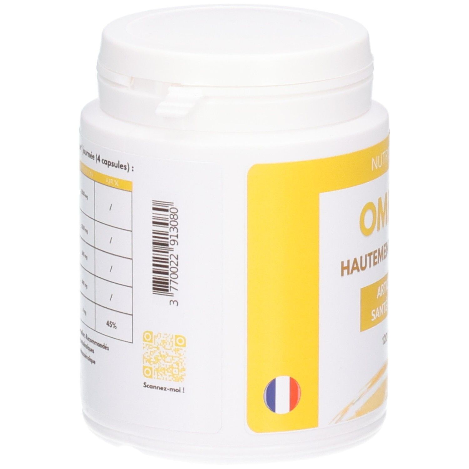 Flacon blanc avec étiquette jaune. Inscription: OMÉGA 3. Code QR et code-barres. Drapeau français.