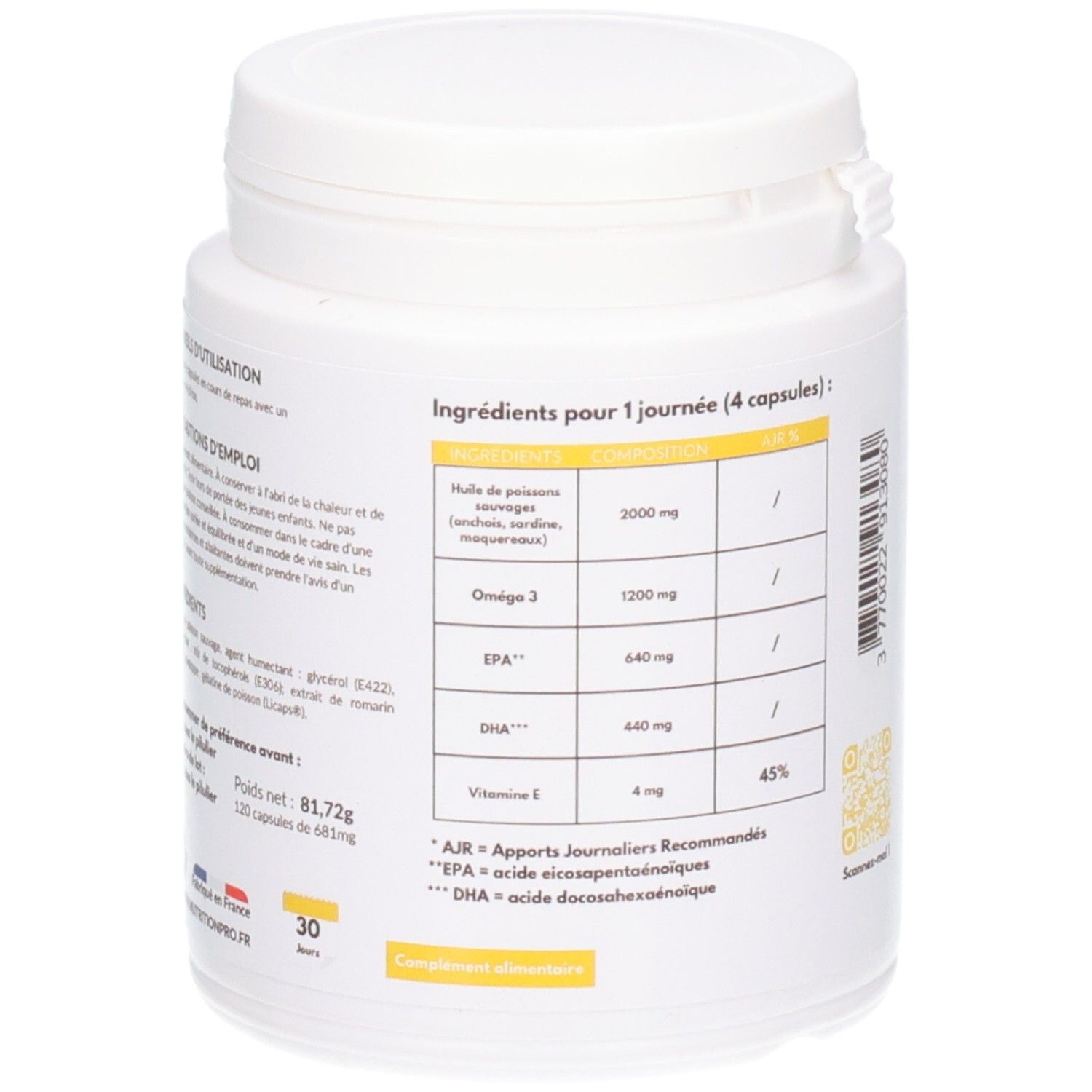 Dos du flacon blanc. Contient des informations sur les ingrédients et les valeurs nutritionnelles. Code QR.
