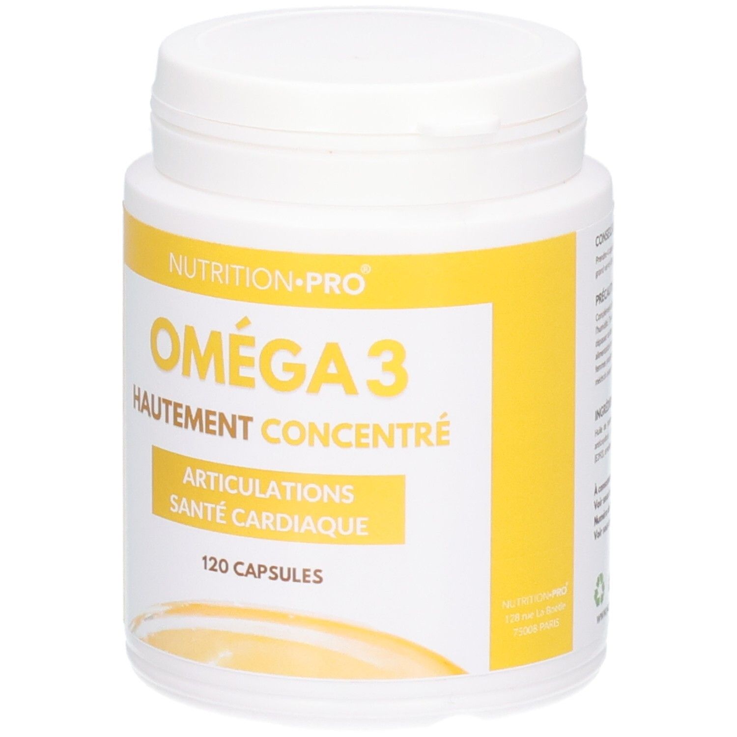 Flacon blanc avec étiquette jaune. Inscription: OMÉGA 3, 120 capsules. Drapeau français.