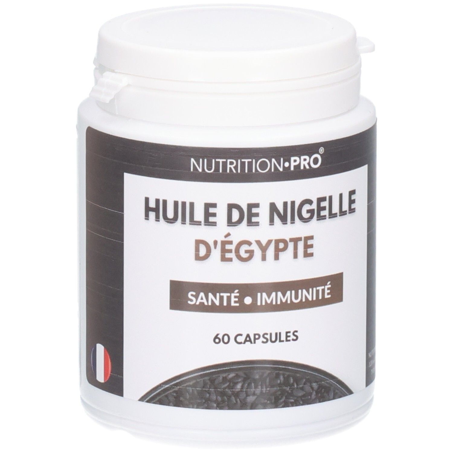 Pot blanc avec étiquette noire. Inscription: Huile de Nigelle d'Égypte, Santé, Immunité, 60 Capsules. Drapeau français.