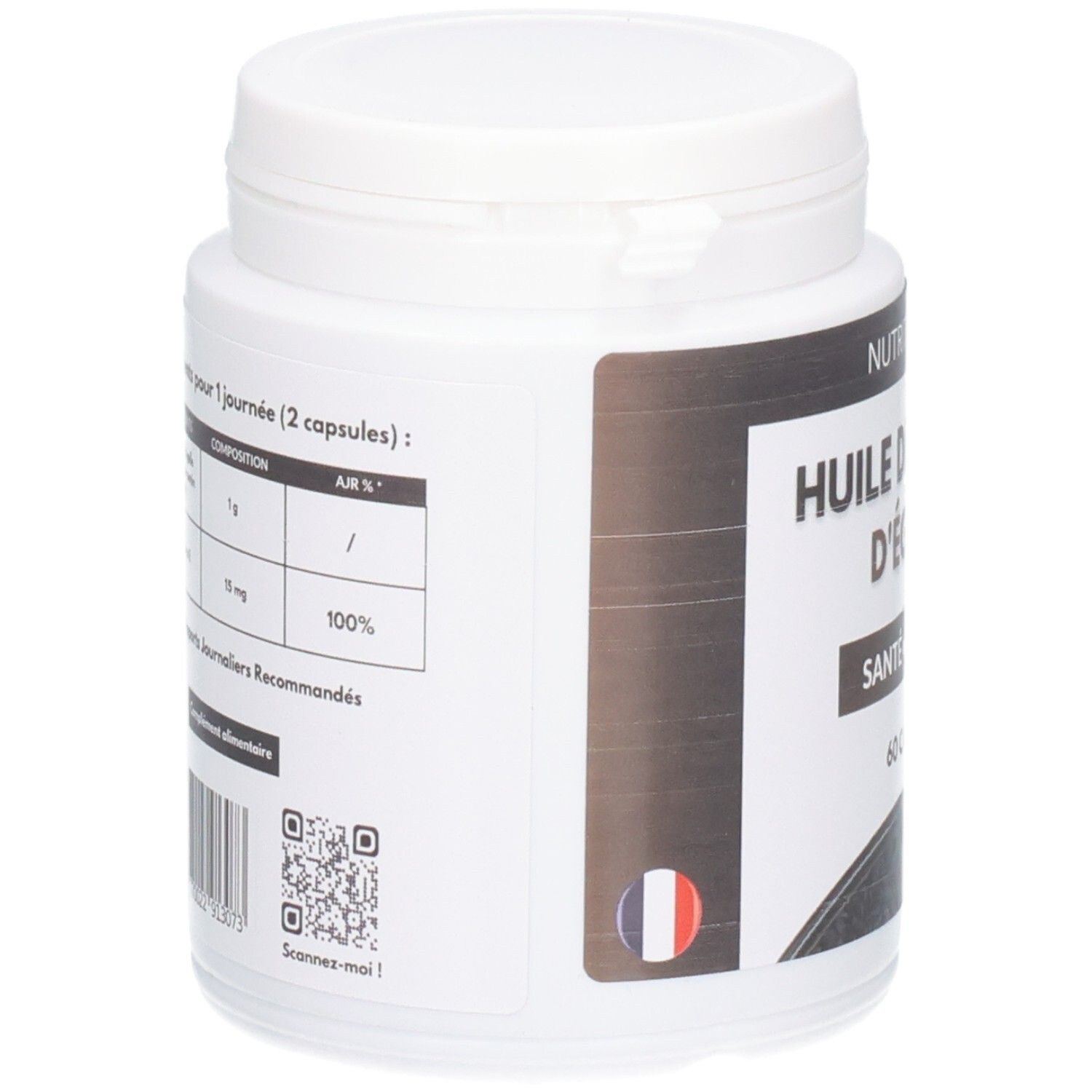 Pot blanc, dos avec étiquette. Contient des informations sur les ingrédients et les valeurs nutritionnelles. Code QR et drapeau français.