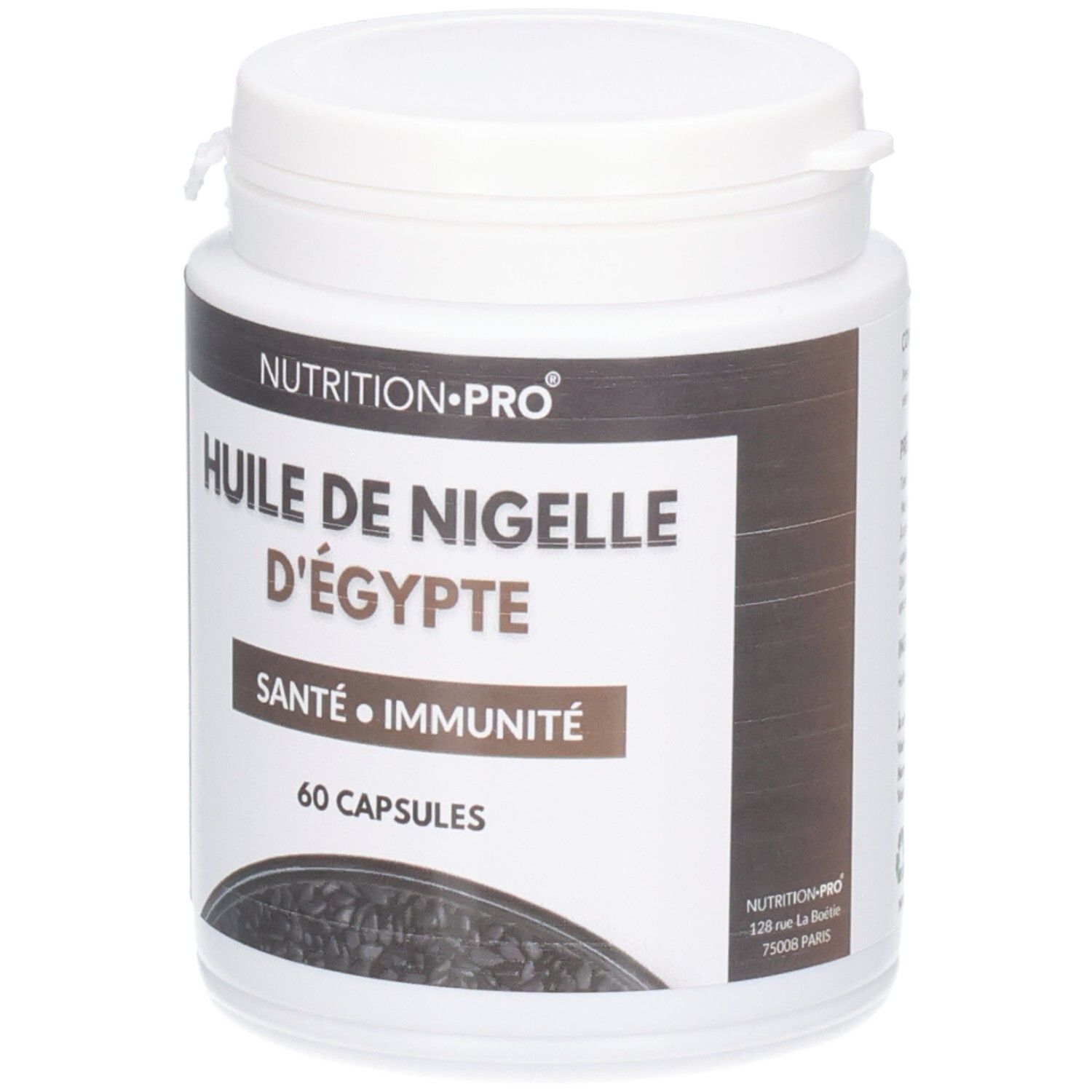 Pot blanc avec étiquette noire. Inscription: Huile de Nigelle d'Égypte, Santé, Immunité, 60 Capsules. Drapeau français.