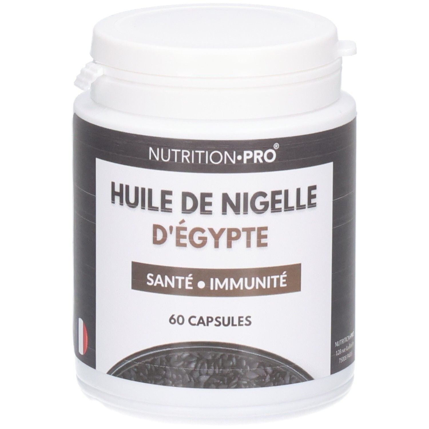 Pot blanc avec étiquette noire. Inscription: Huile de Nigelle d'Égypte, Santé, Immunité, 60 Capsules. Drapeau français.