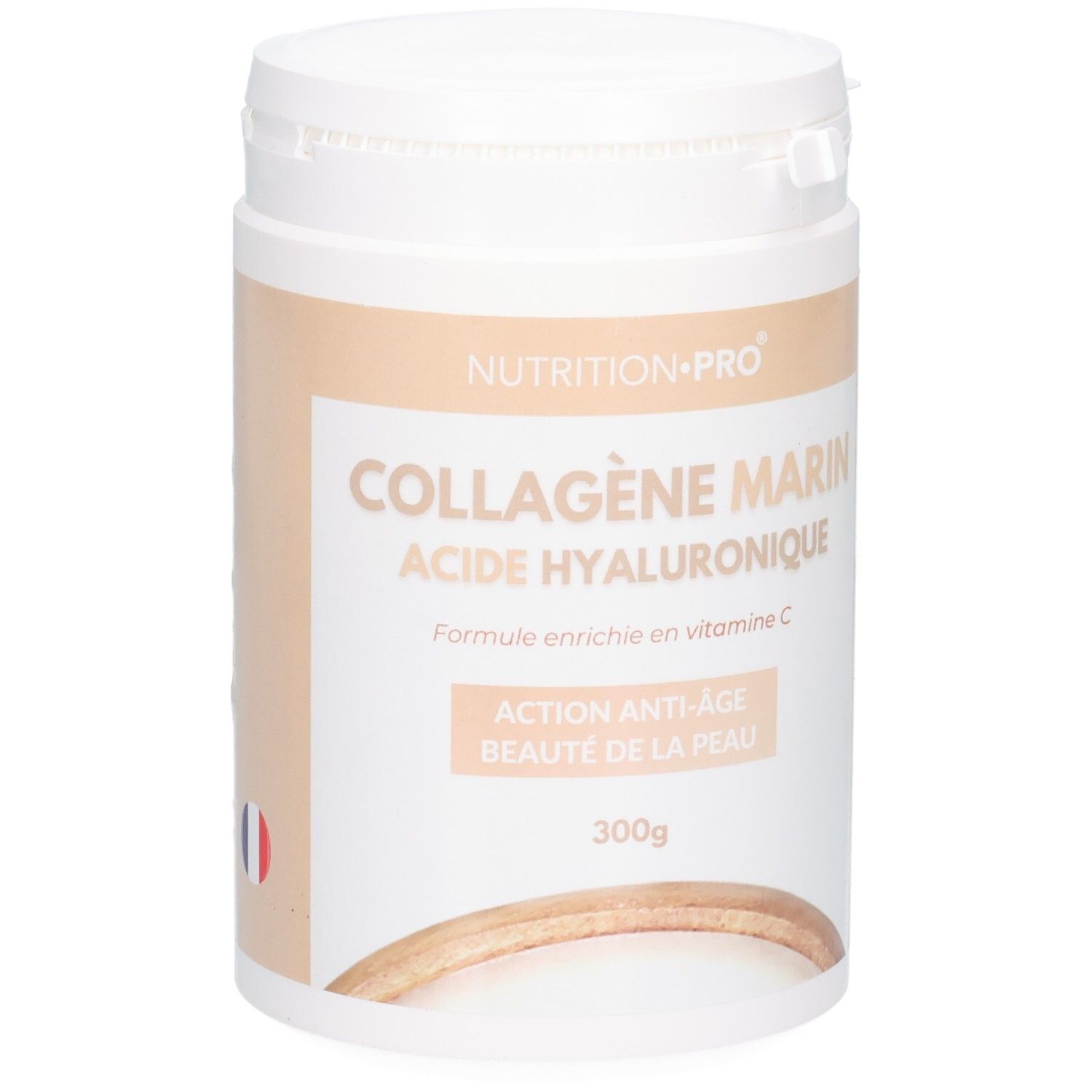 Pot blanc avec informations nutritionnelles pour poudre de collagène, 300g.