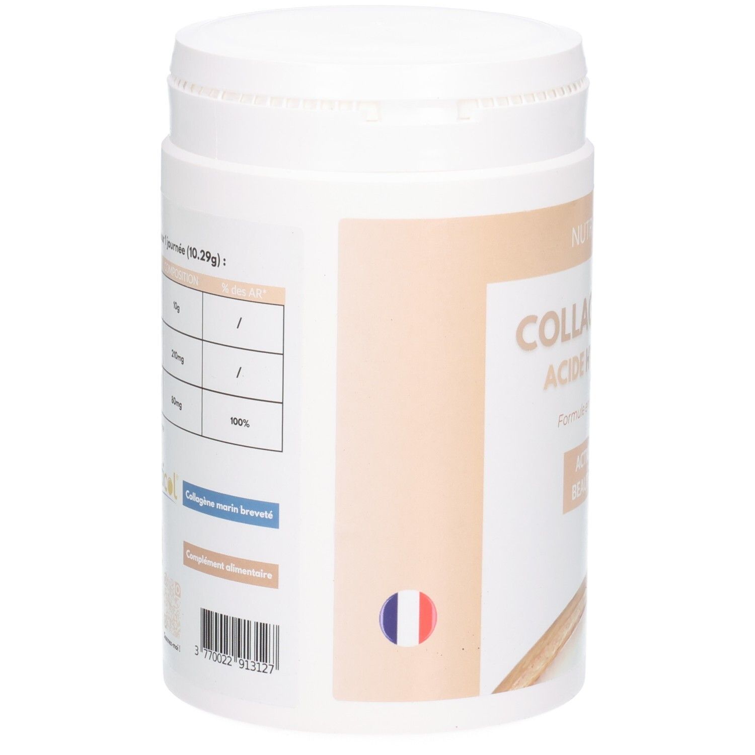 Arrière d'un pot blanc avec tableau nutritionnel et code-barres.