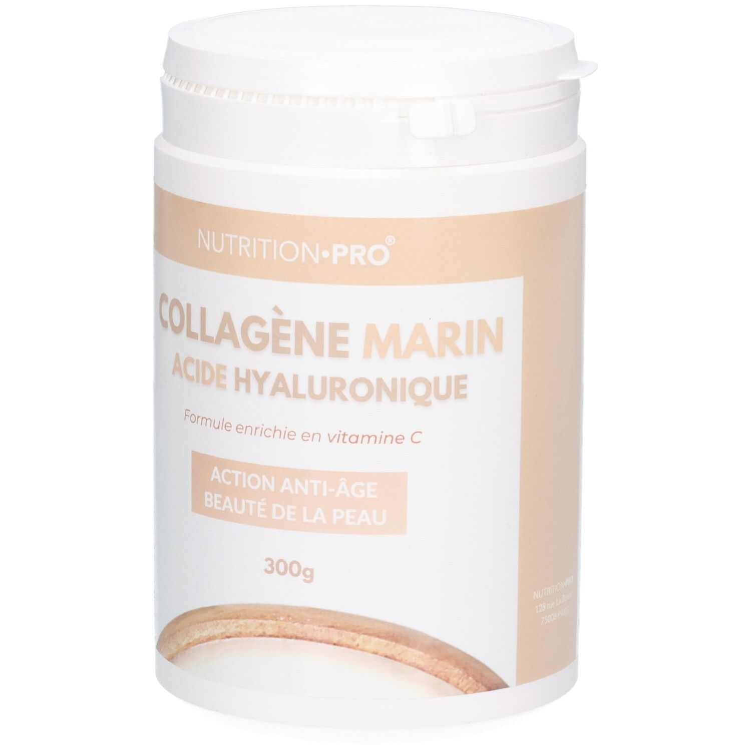 Pot blanc avec informations nutritionnelles pour poudre de collagène, 300g.