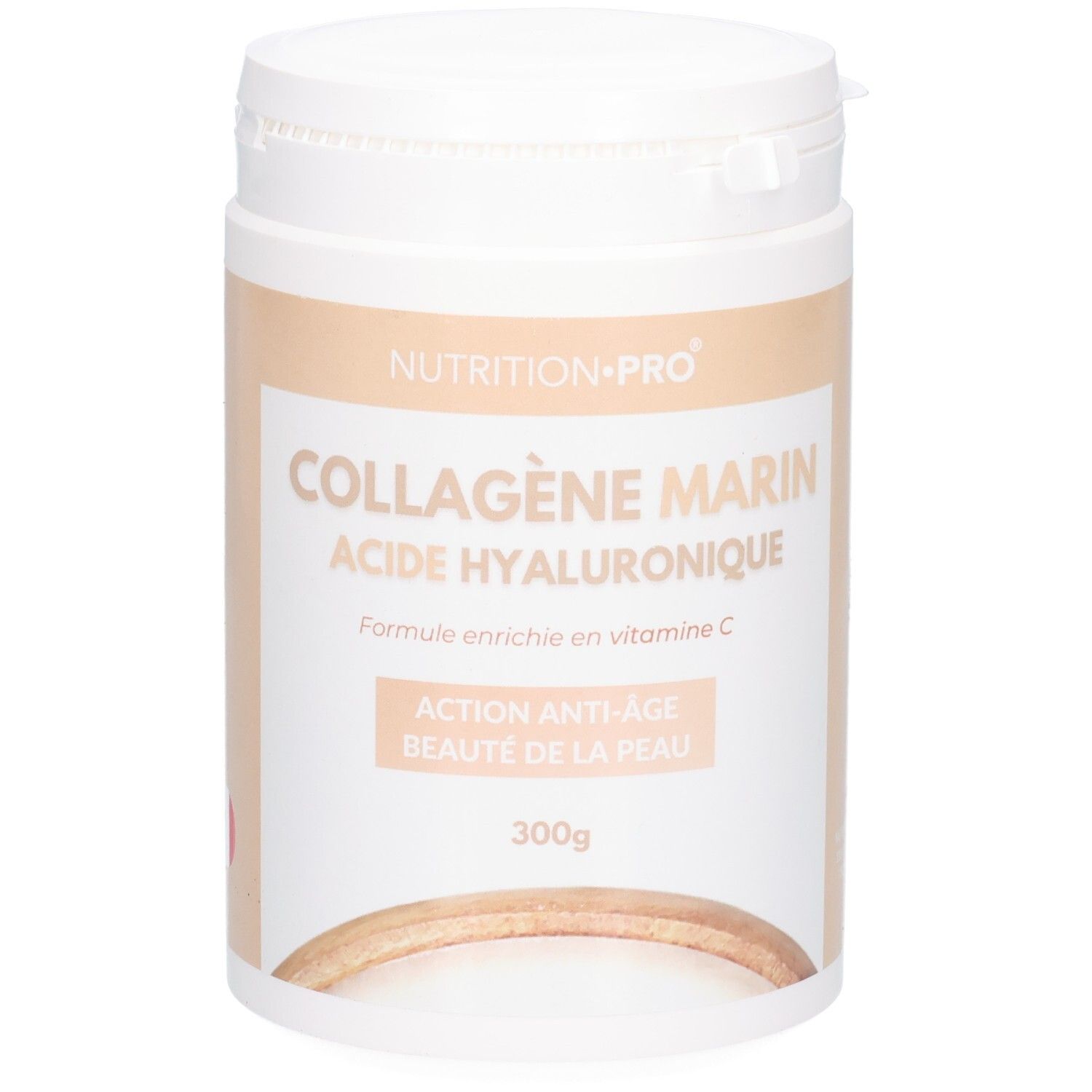 Pot blanc avec informations nutritionnelles pour poudre de collagène, 300g.