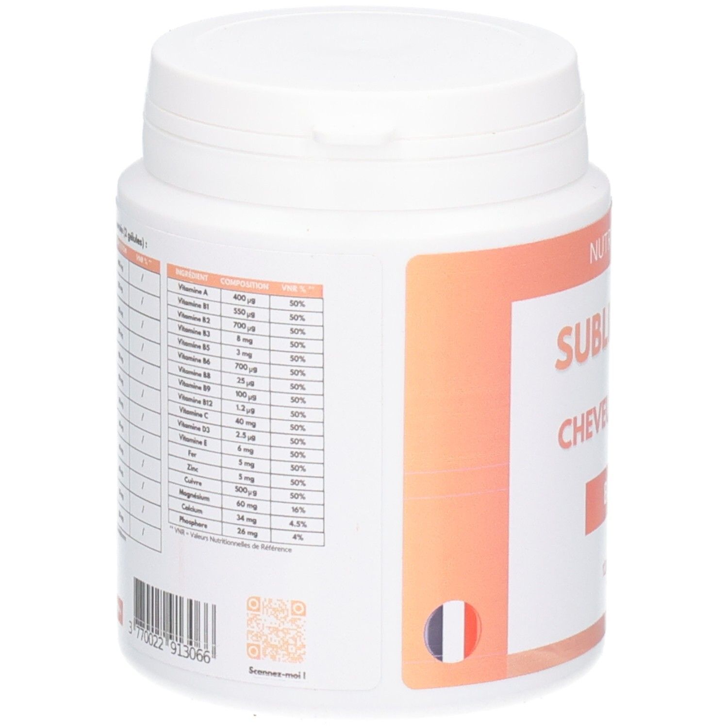 Boîte blanche, dos avec informations nutritionnelles. Contient vitamines et minéraux. Drapeau français et QR code.