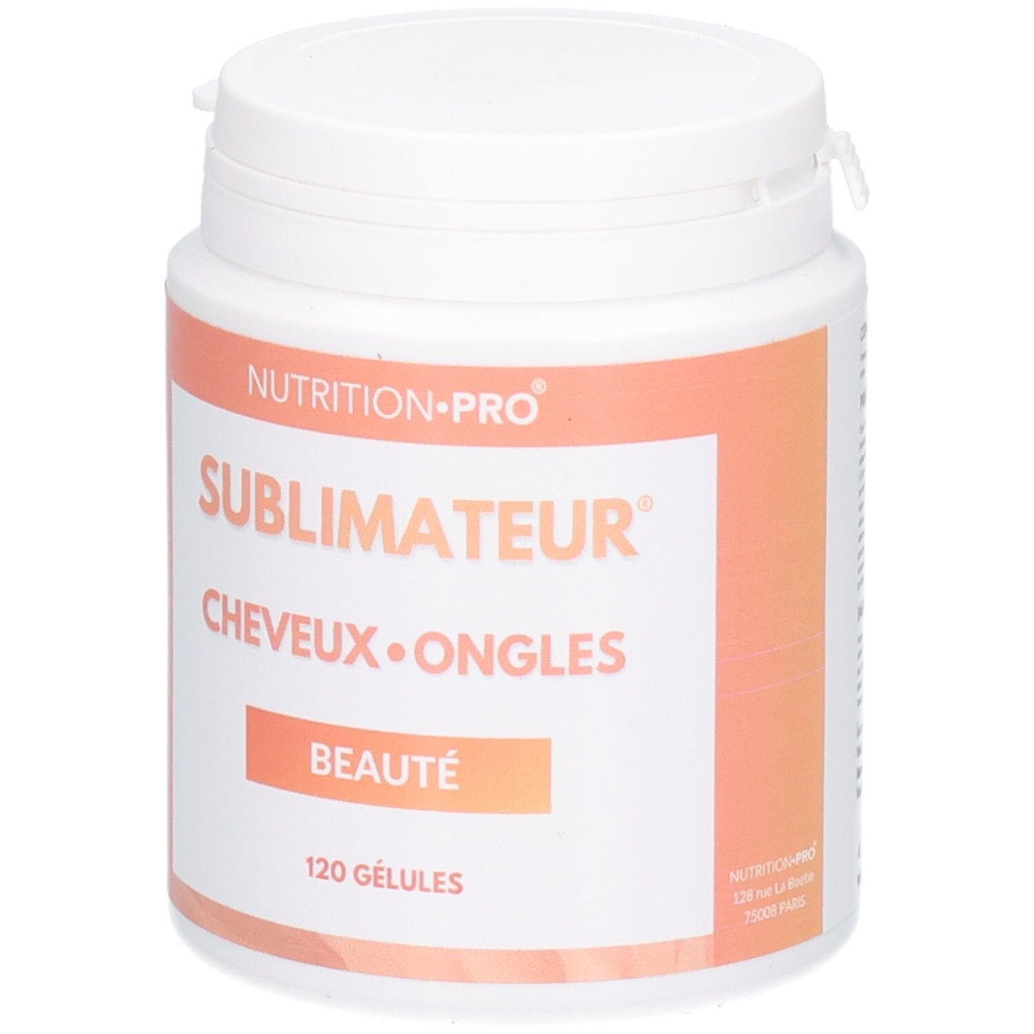 Boîte blanche avec étiquette orange. Inscription: SUBIMATEUR, CHEVEUX•ONGLES, BEAUTÉ, 120 GÉLULES.