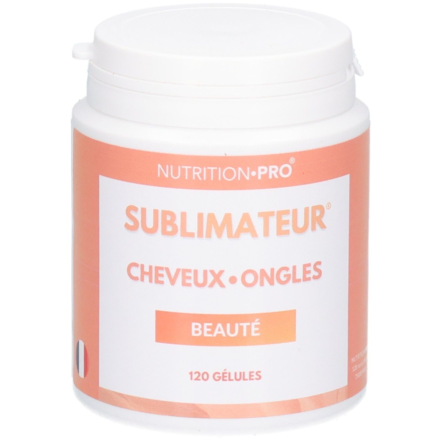 Boîte blanche avec étiquette orange. Inscription: SUBIMATEUR, CHEVEUX•ONGLES, BEAUTÉ, 120 GÉLULES.