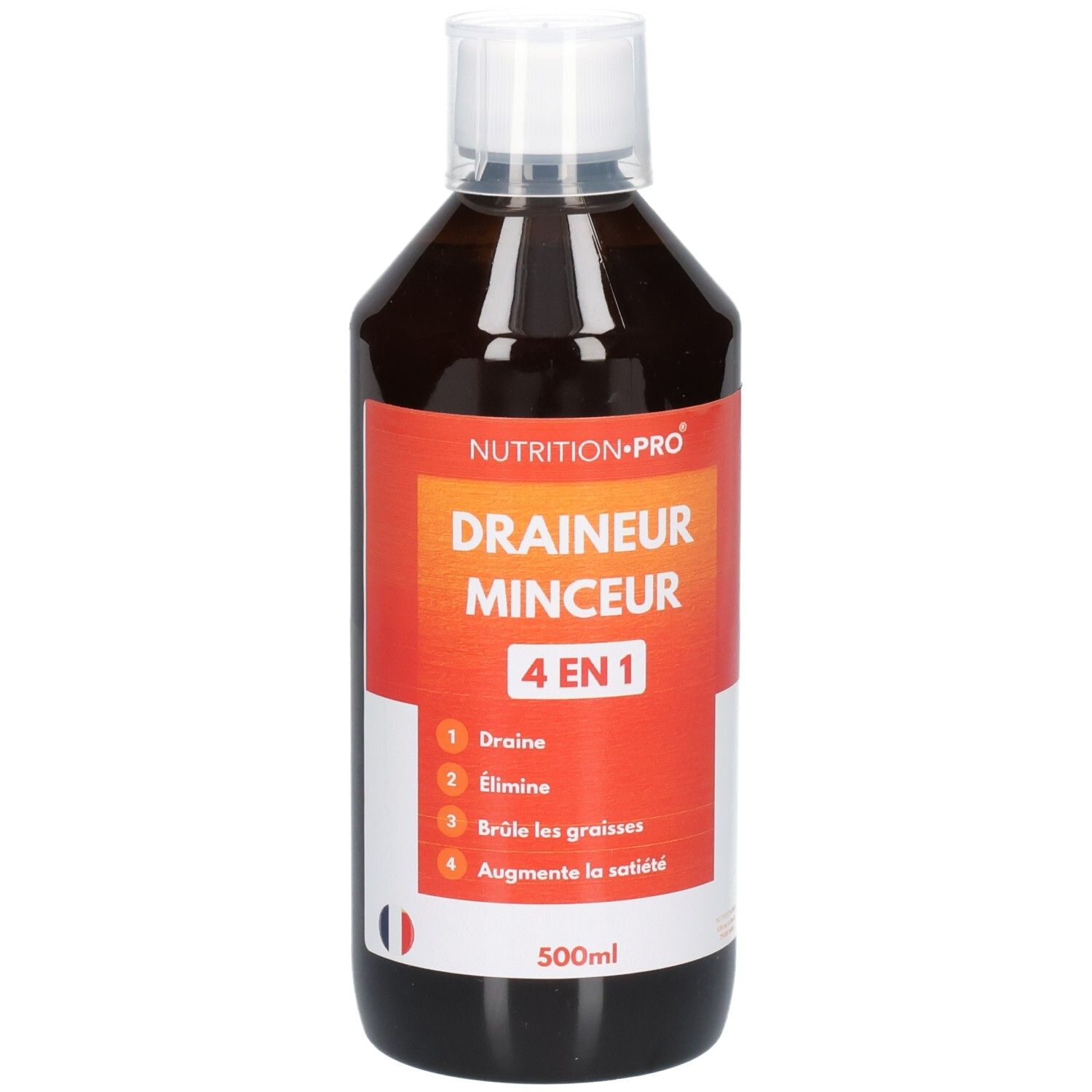 Bouteille de liquide brun avec bouchon blanc. Inscription: Draineur Minceur 4 en 1. 500ml. Marque: Nutrition-Pro.